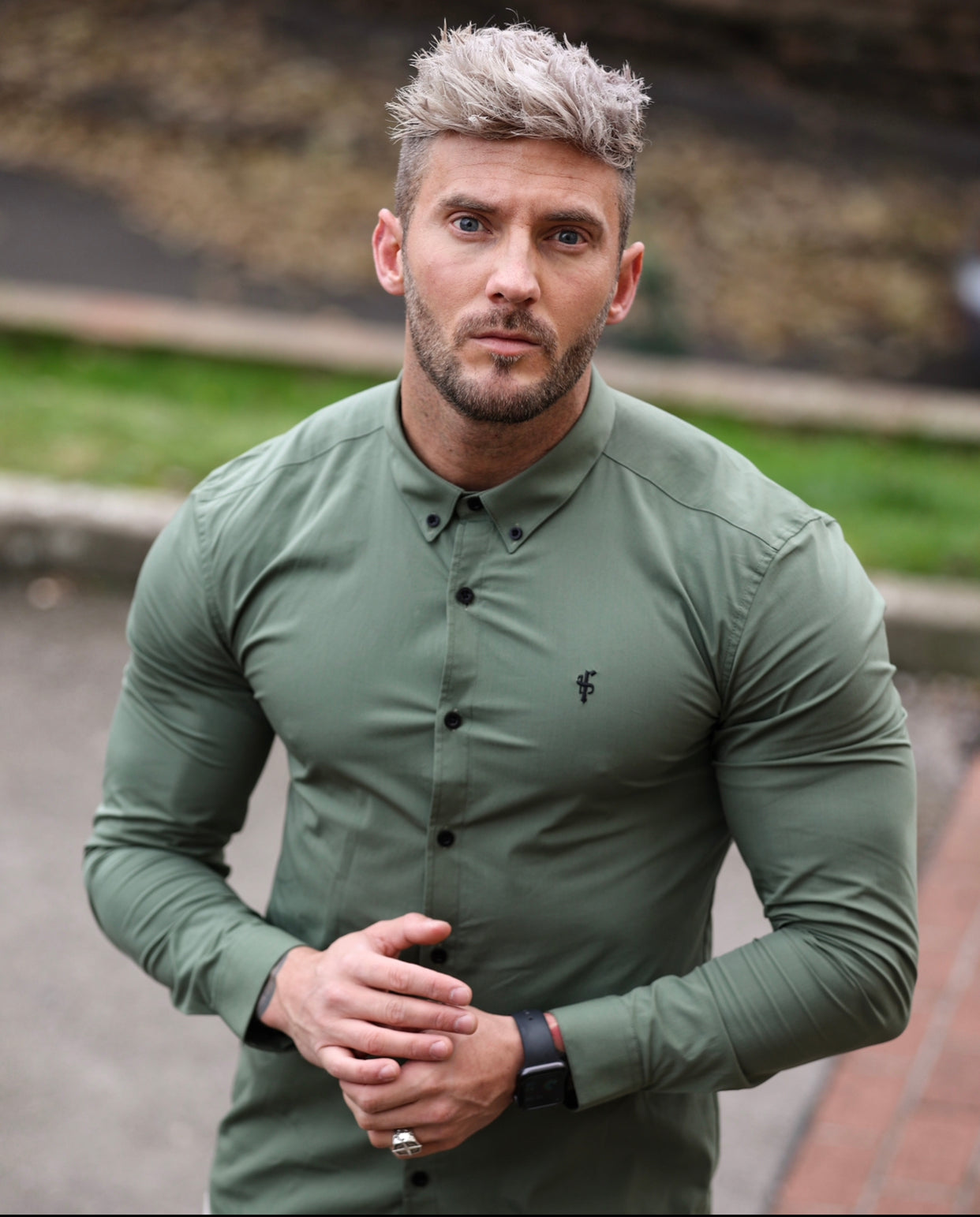 Super Slim Stretch Classic Khaki Long Sleeve With Button Down Collar -  FS819