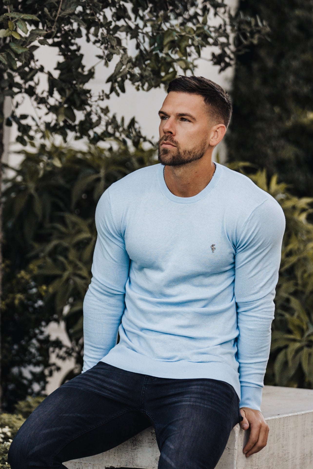 Classic Sky Blue Light Weight Knitted Crew Neck with Metal Decal - FSN092