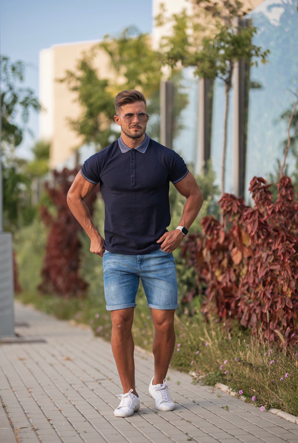 Classic Navy Honeycomb Textured Polo Shirt with Contrast Collar Short Sleeve  - FSH424