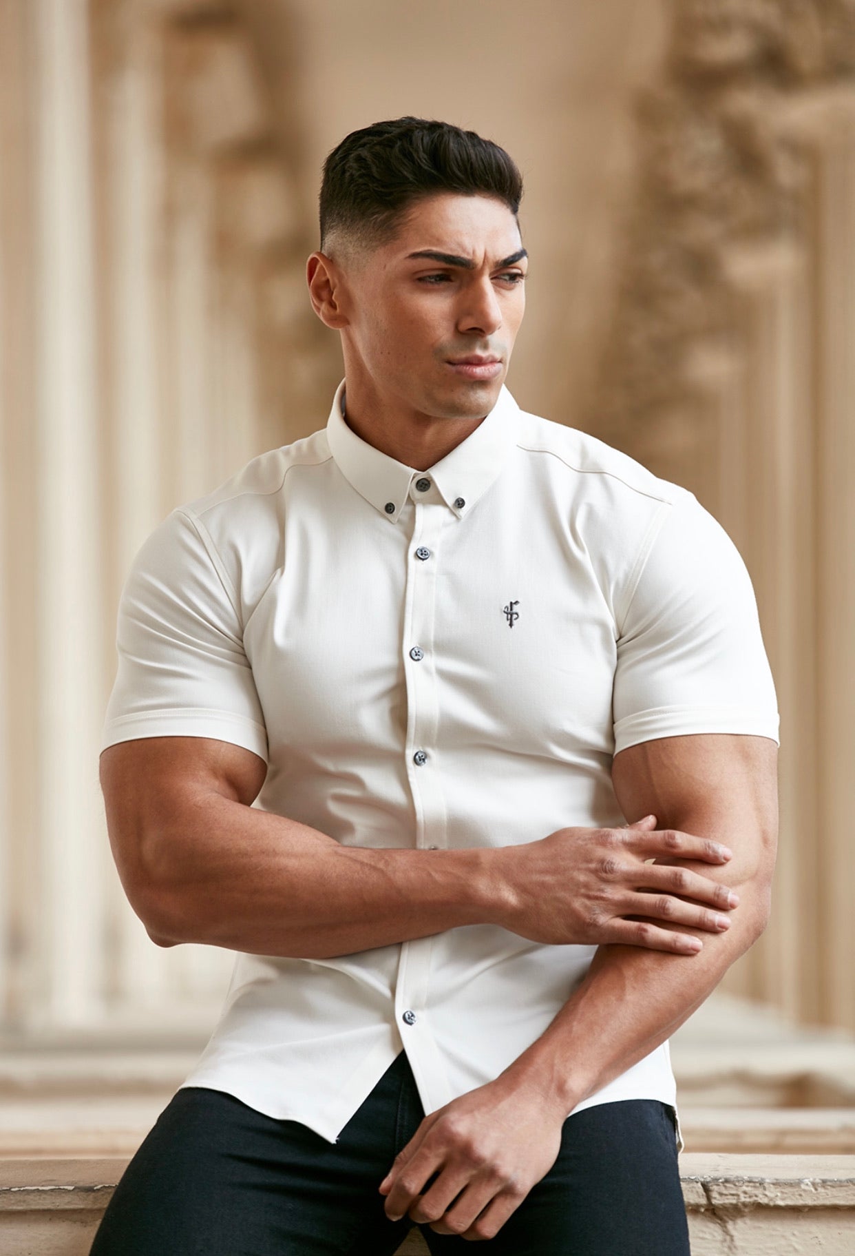 Super Slim Stretch Cream Denim Short Sleeve - FS202