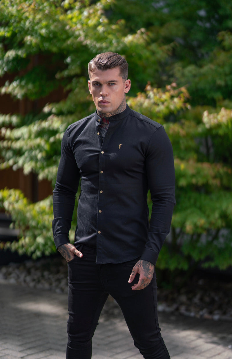 Father Sons Super Slim Stretch Black Denim Long Sleeve Grandad collar with Metal Buttons and Decal Emblem - FS707