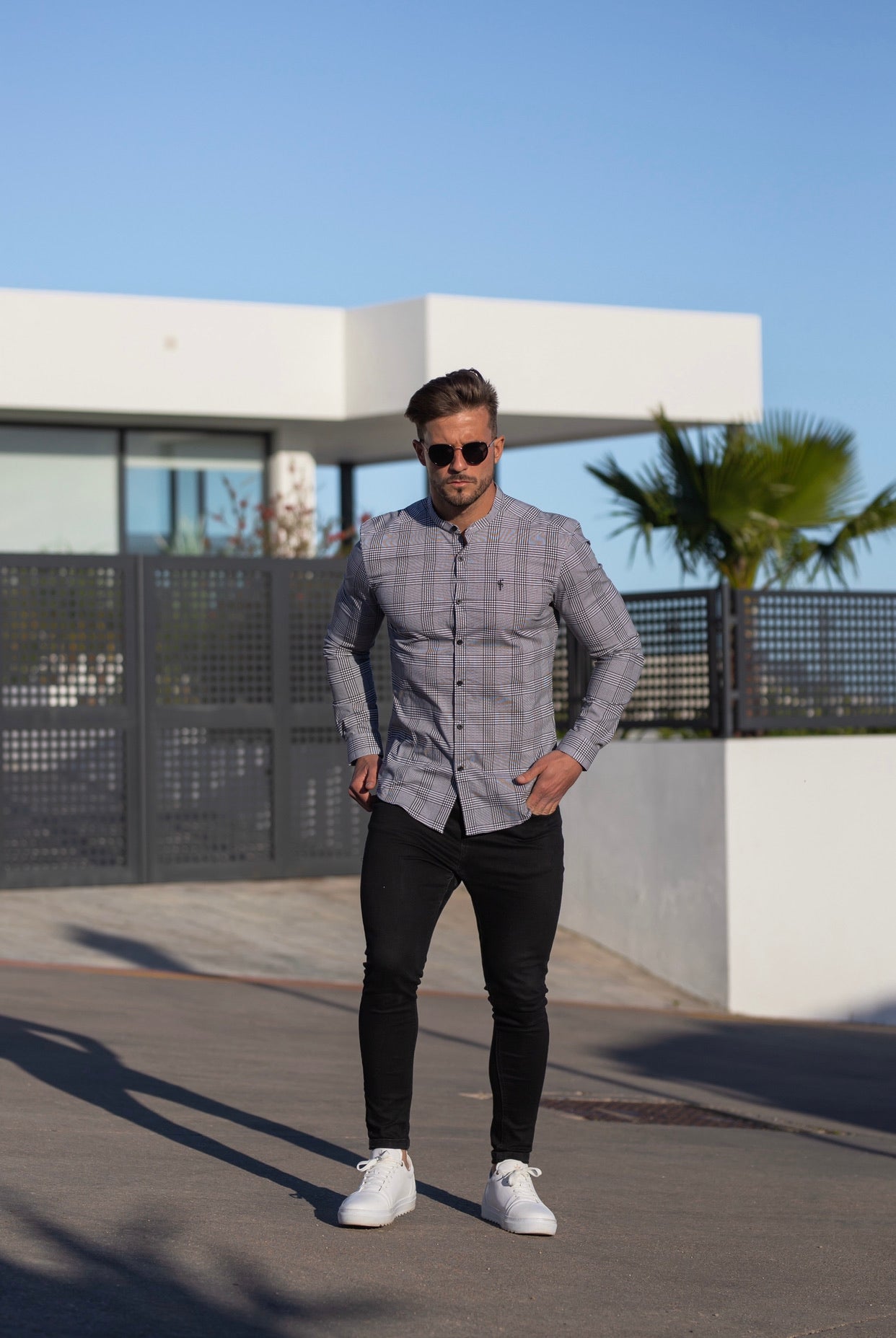 Super Slim Stretch Prince Of Wales White and Black Print Check Long Sleeve with Grandad Collar- FS746