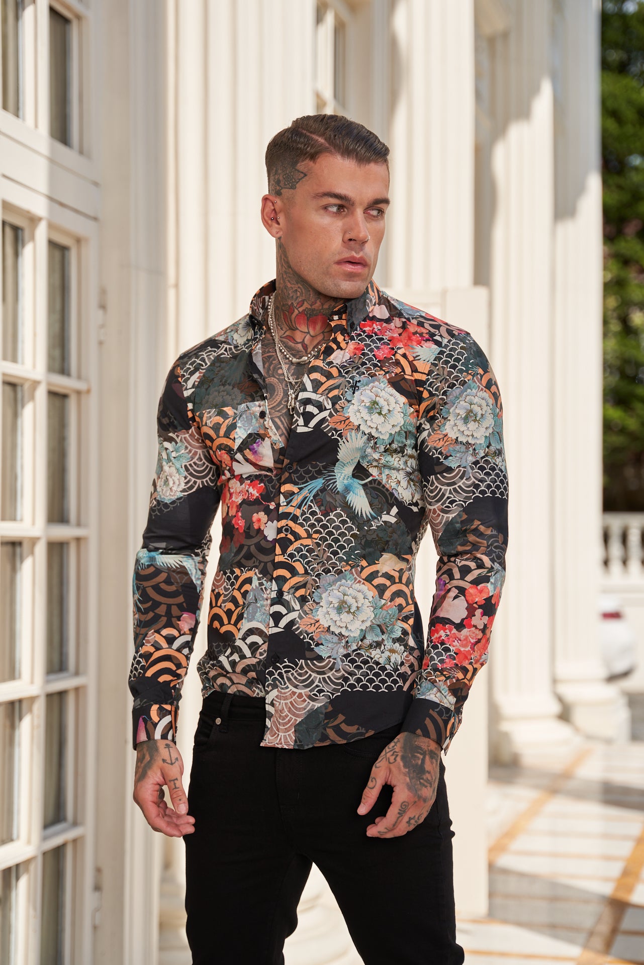 Super Slim Stretch Multi Oriental Print Long Sleeve with Button Down Collar - FS771