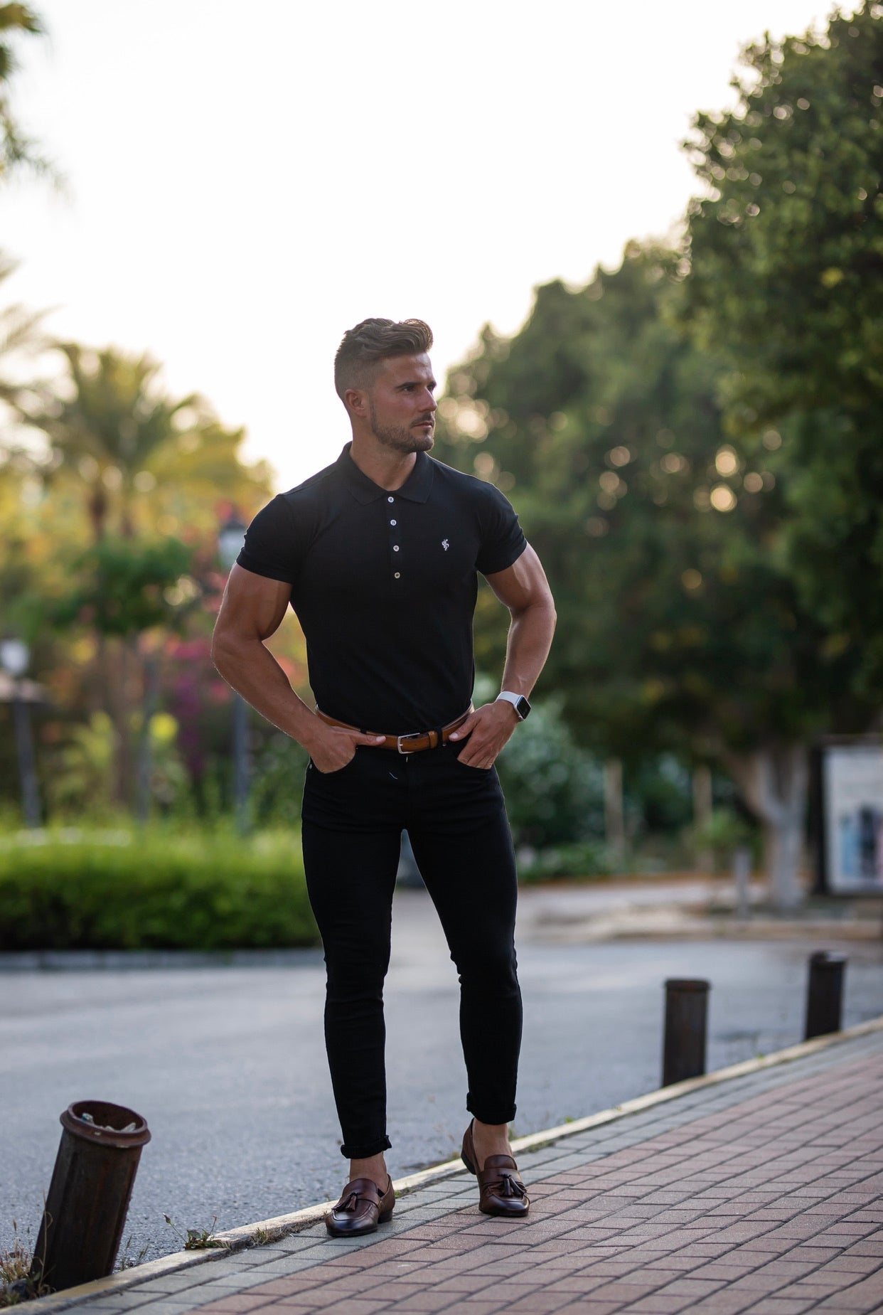 Classic Black Polo Shirt with Silver Metal Emblem Decal & Buttons - FSH459