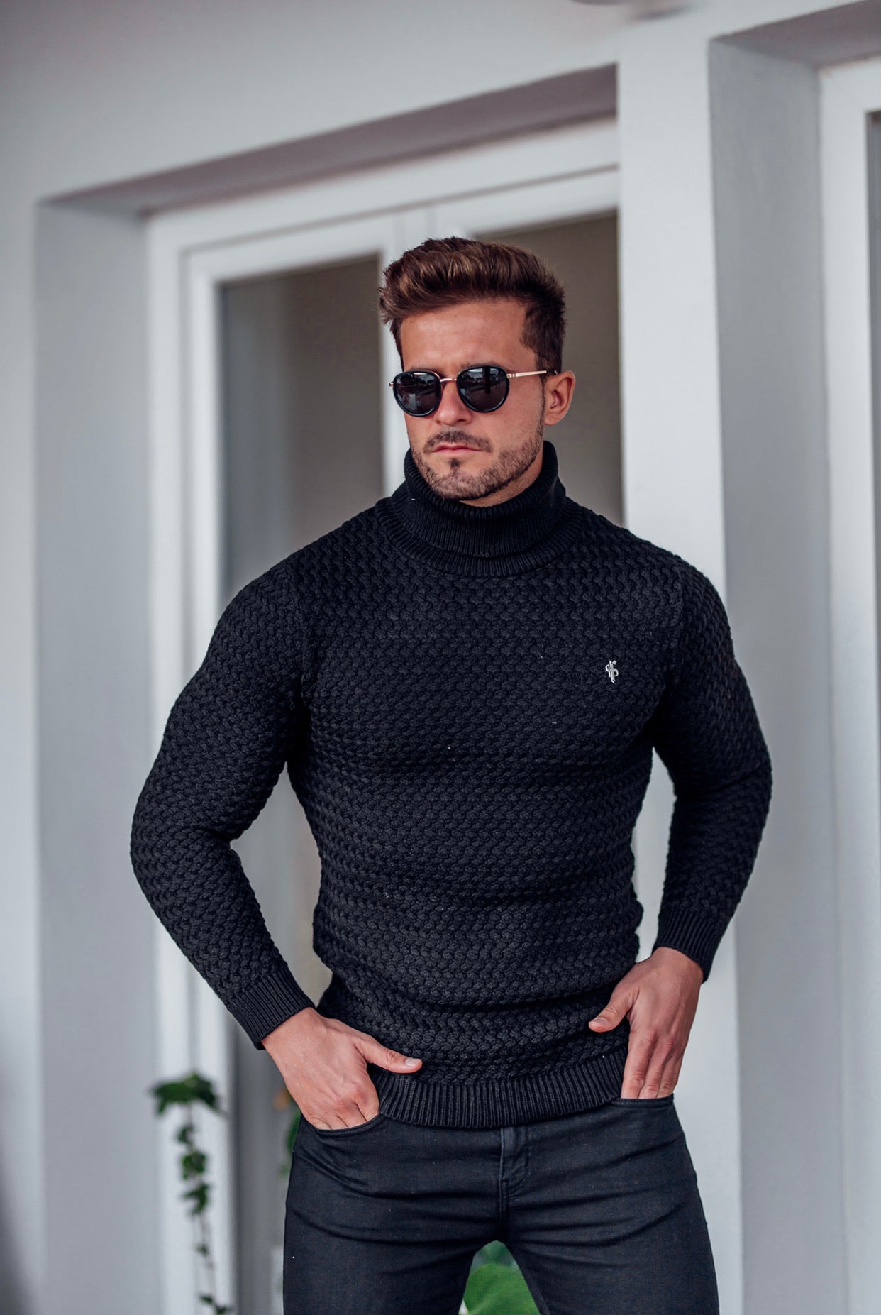 Black Knitted Roll Neck Weave Super Slim Jumper With Metal Decal - FSJ024