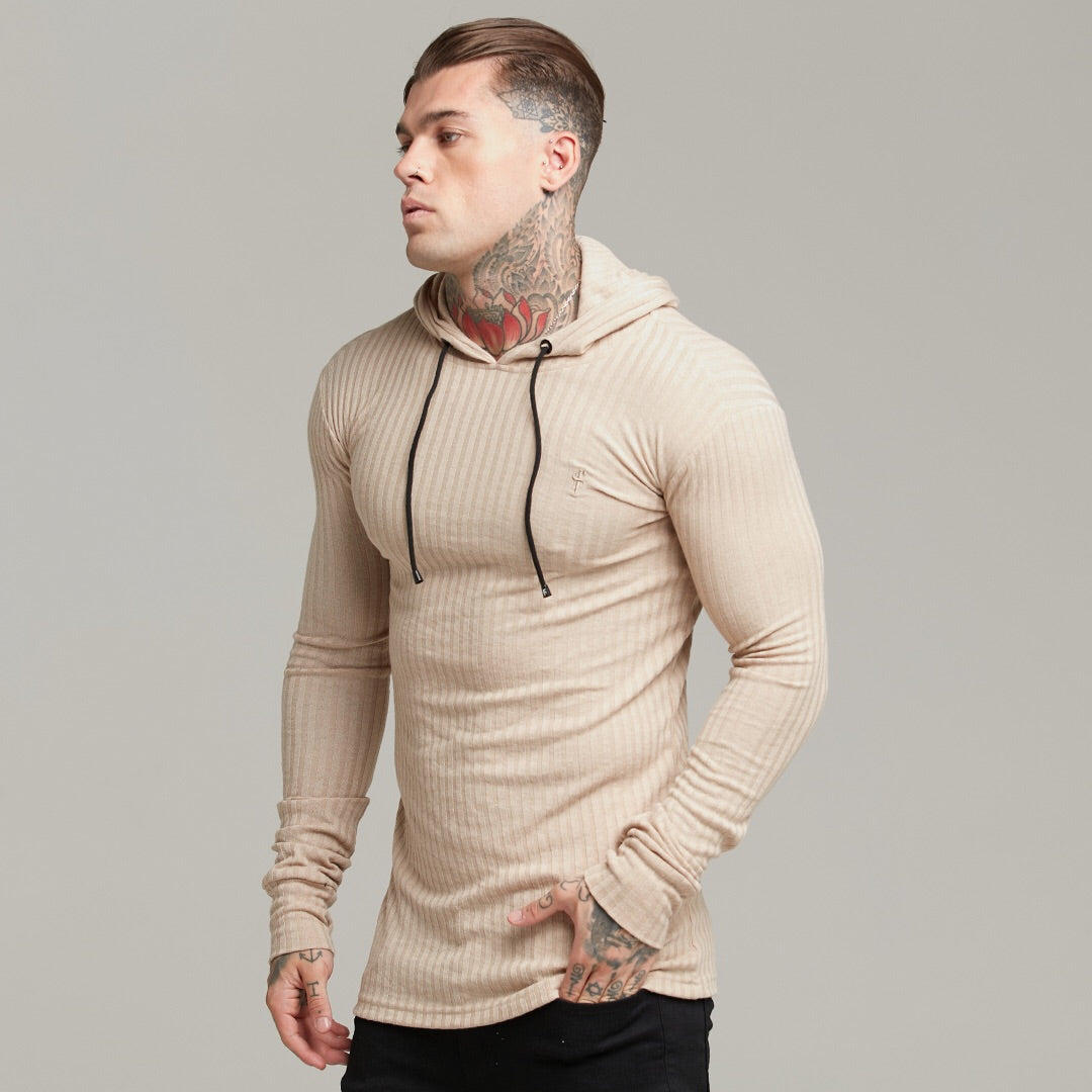 Classic Beige Ribbed Knit Hoodie Jumper - FSH412