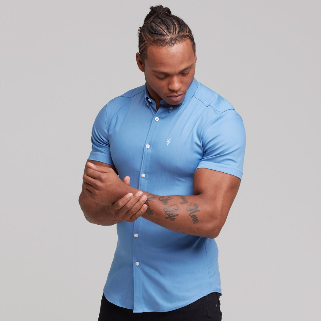 Super Slim Stretch Light Blue Denim Short Sleeve - FS200