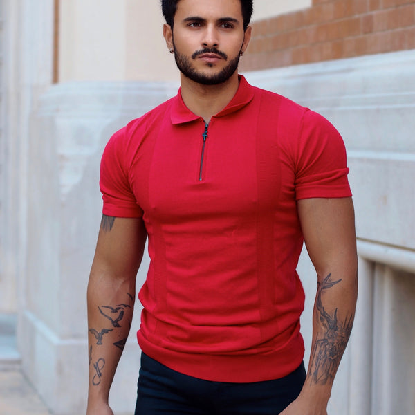 Father Sons Classic Red and Black Zip Knitted Short Sleeve Polo 