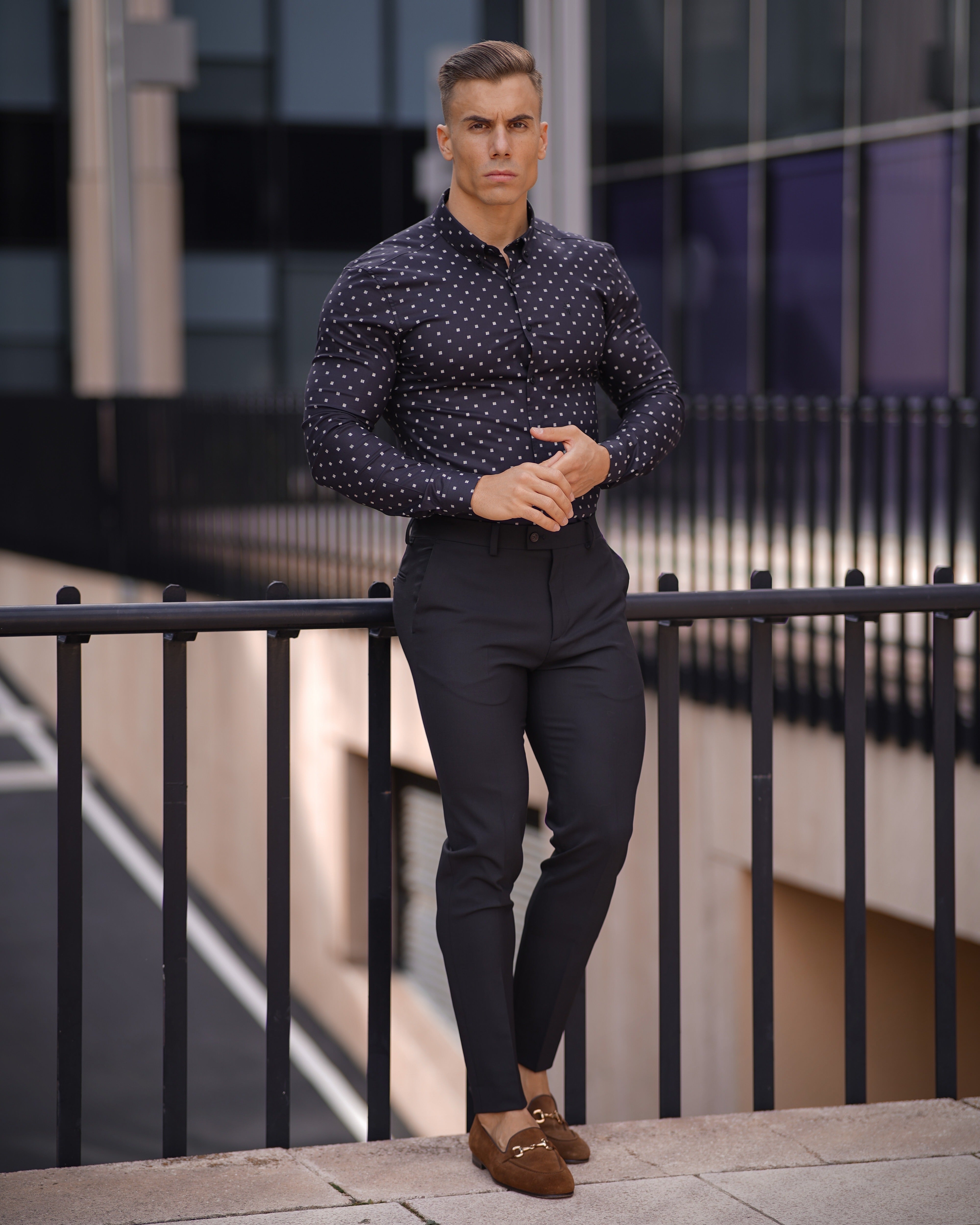 Super Slim Stretch Black & Off White Broken Square Print Long Sleeve - FS662