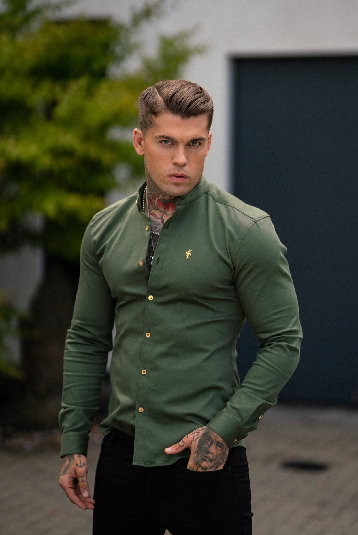 Super Slim Stretch Khaki Denim Long Sleeve Grandad collar with Metal Buttons and Decal Emblem - FS715