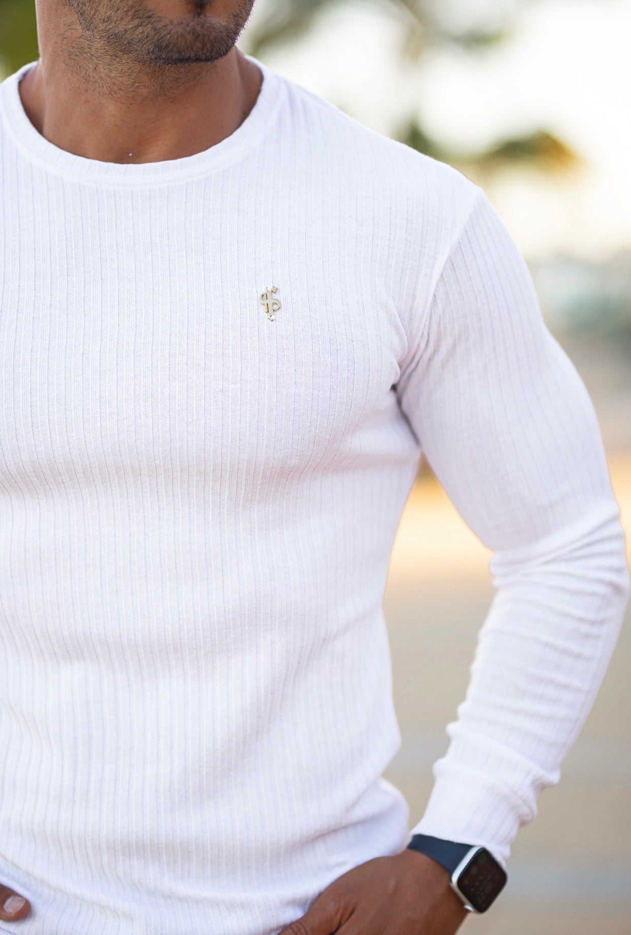 Super Slim White / Gold Ribbed Knit Super Slim Crew - FSH499