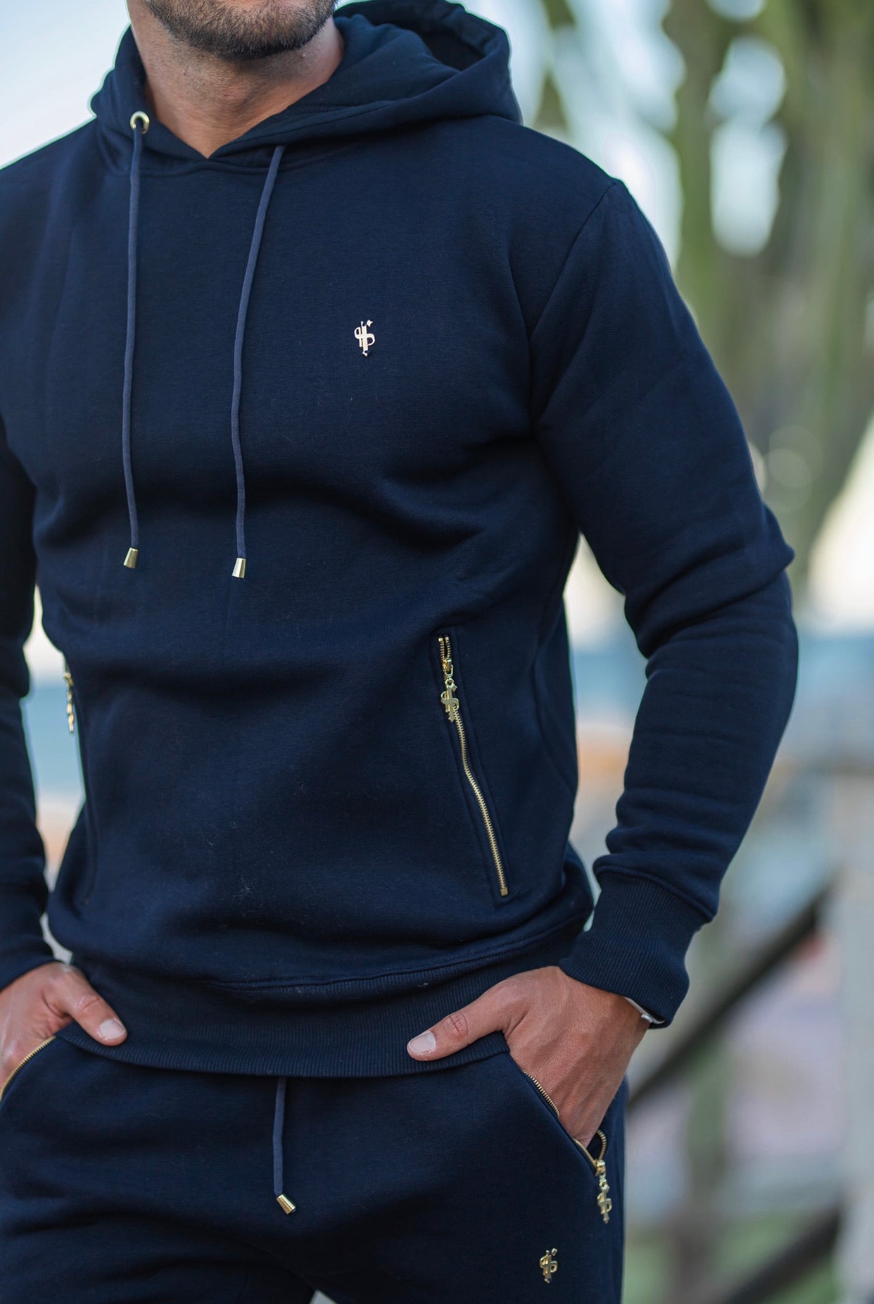 Navy & Gold Overhead Hoodie Top with Zipped Pockets - FSH475