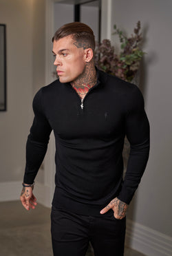 Father Sons Classic Black Merino Wool Knitted Funnel Neck Zip Long Sleeve Jumper With FS Embroidery- FSN004