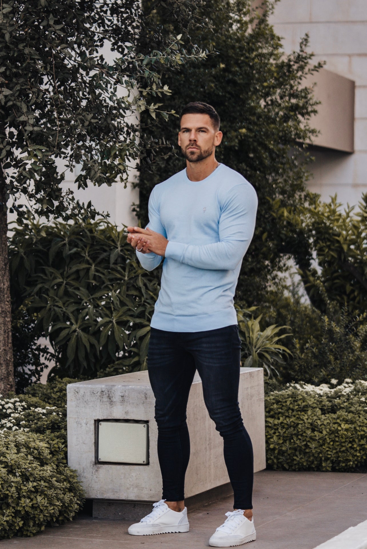 Classic Sky Blue Light Weight Knitted Crew Neck with Metal Decal - FSN092