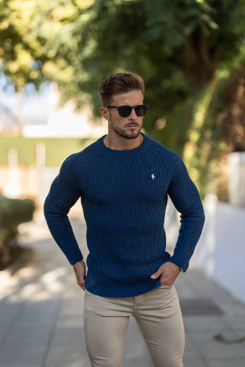 Father Sons Air Force Blue Knitted Elongated Diamond Crew Super Slim Raglan Jumper With Metal Decal - FSN046