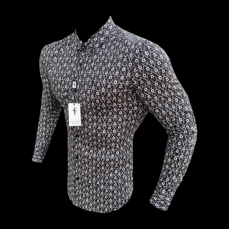 Father Sons Super Slim Stretch Black and Ecru Geo Flower Print Long Sleeve with Button Down Collar - FS793