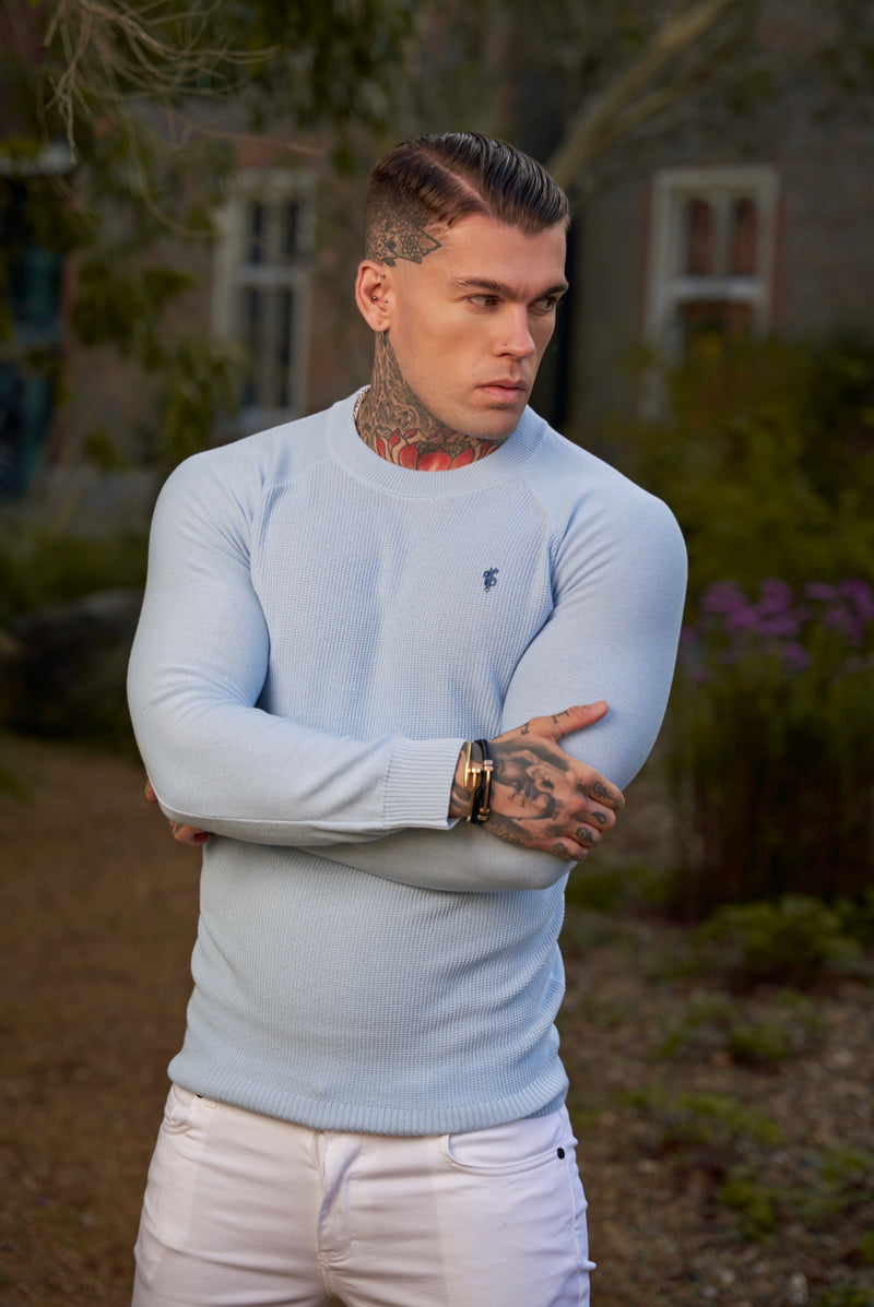 Father Sons Sky Blue Knitted Honeycomb Raglan Crew Super Slim Jumper With Metal Decal - FSN067