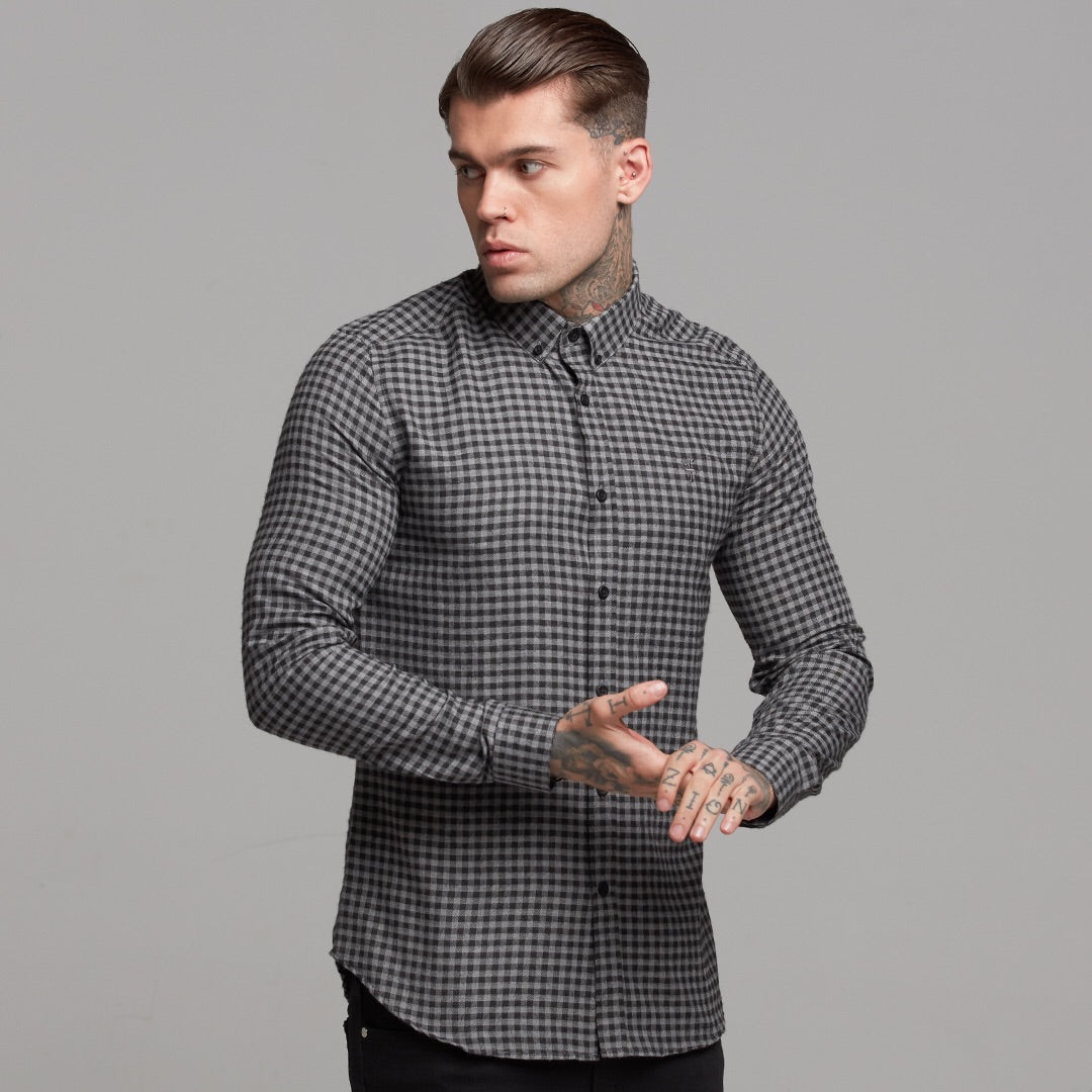 Classic Black & Grey Brushed Check Long Sleeve (Grey Emblem) - FS411