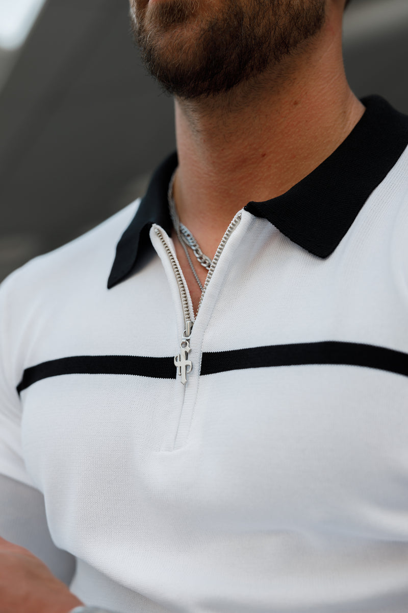 Father Sons Classic White / Black Horizontal Stripe Zipped Polo Long Sleeve - FSN050