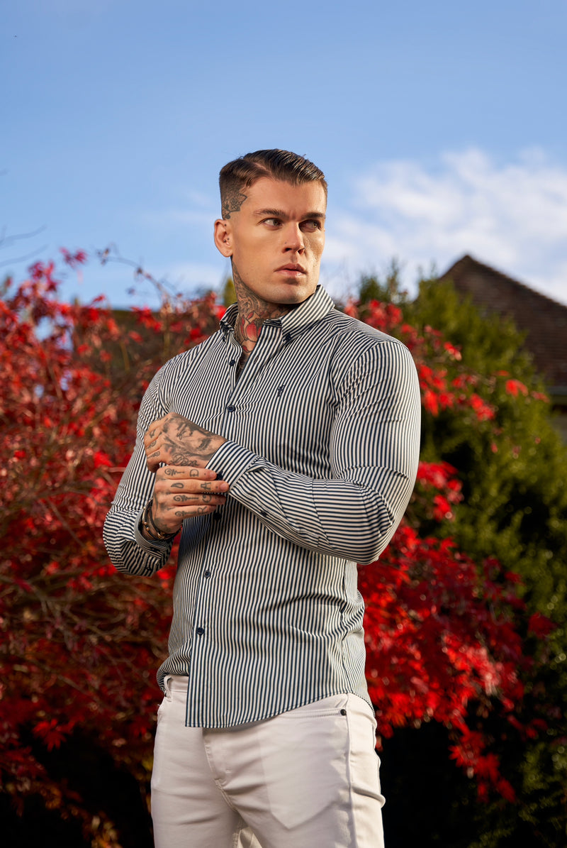 Father Sons Super Slim Stretch White / Navy Stripe Print Long Sleeve with Button Down Collar - FS918
