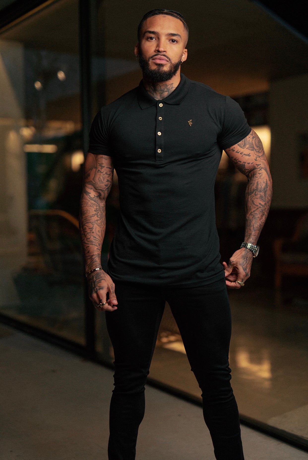 Classic Black Polo Shirt with Gold Metal Emblem Decal & Buttons - FSH458