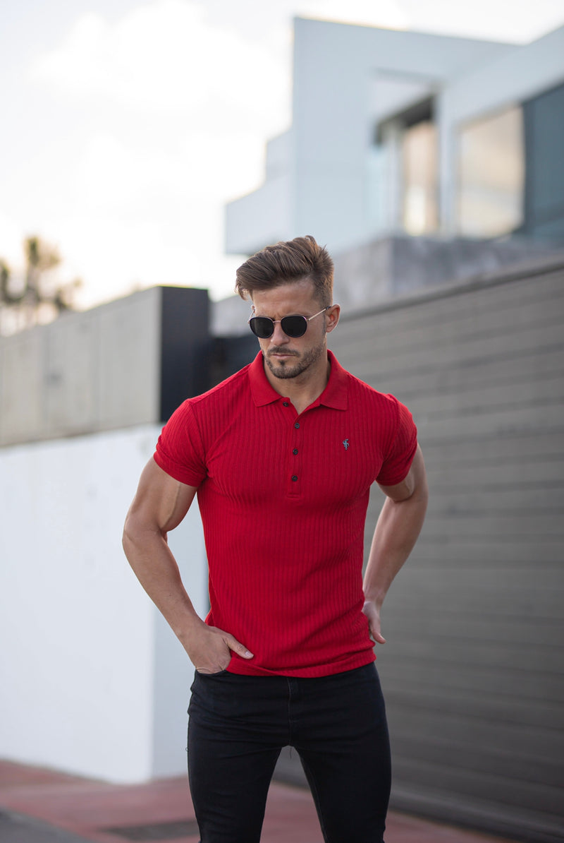 Father Sons Classic Red Ribbed Polo Shirt Short Sleeve with Black Meta