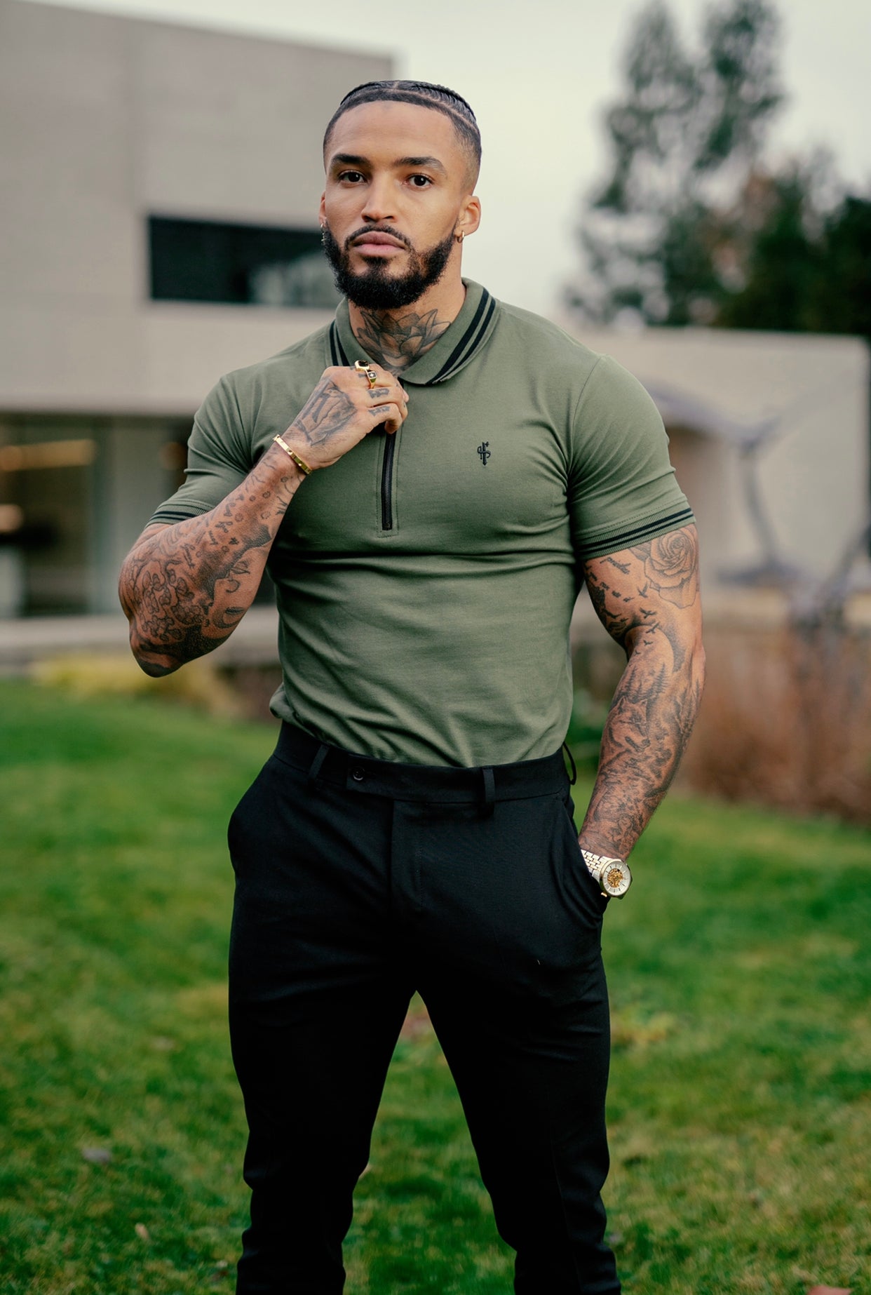 Khaki and Black Collar Contrast Zip Polo - FSH337