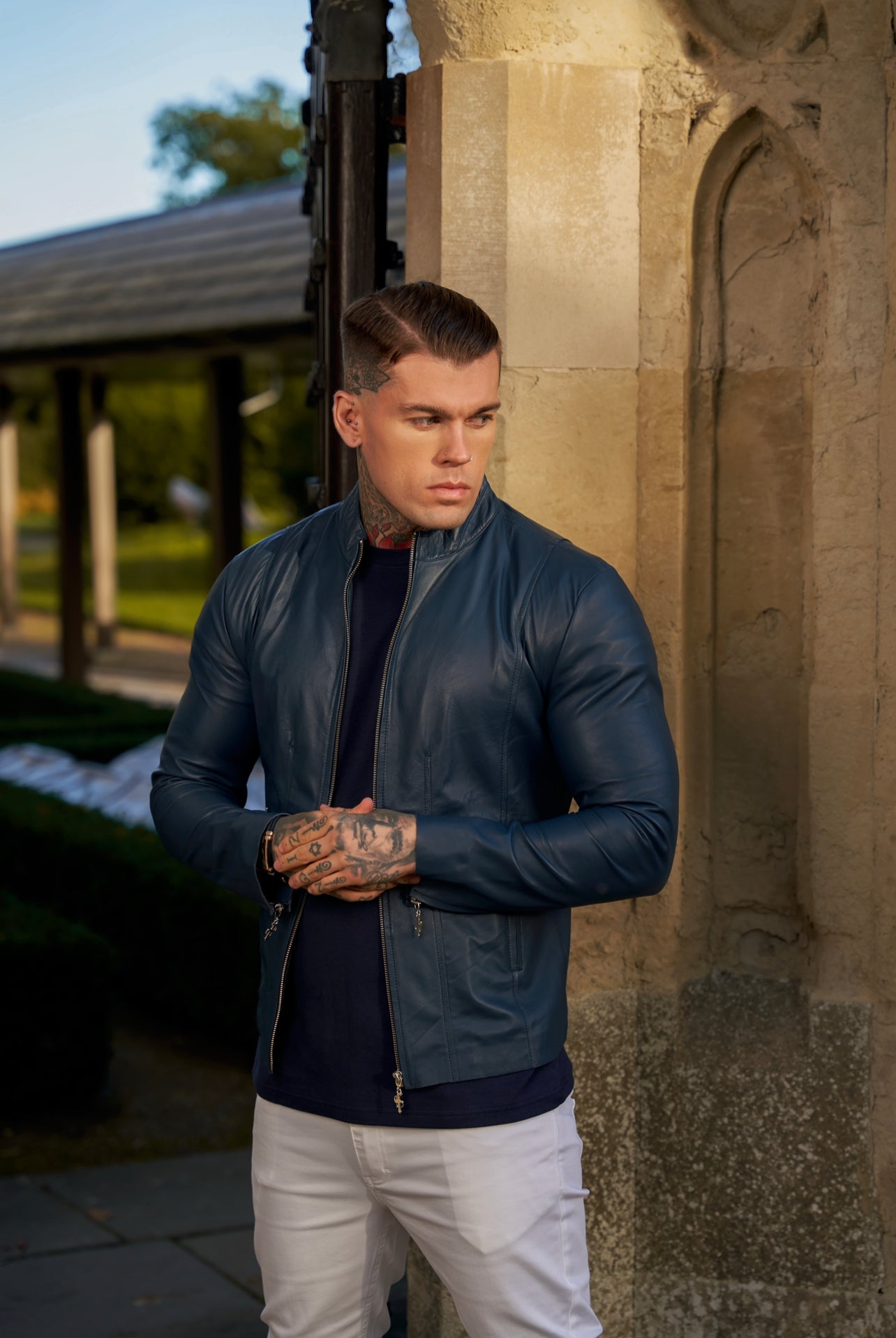 Navy Lambs Leather Jacket with Silver Zips - FSH790