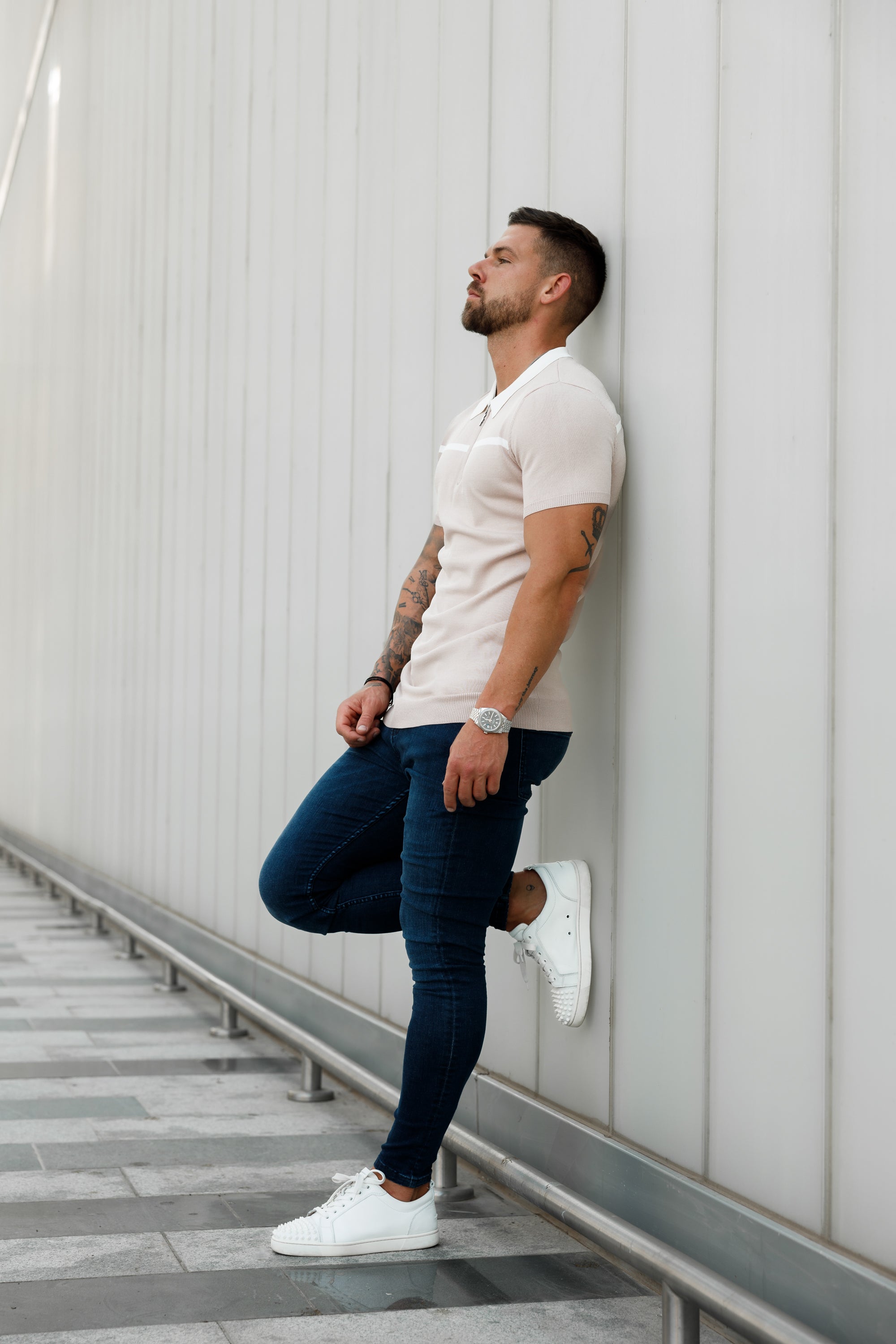 Classic Beige / White Horizontal Stripe Zipped Polo Short Sleeve - FSN041