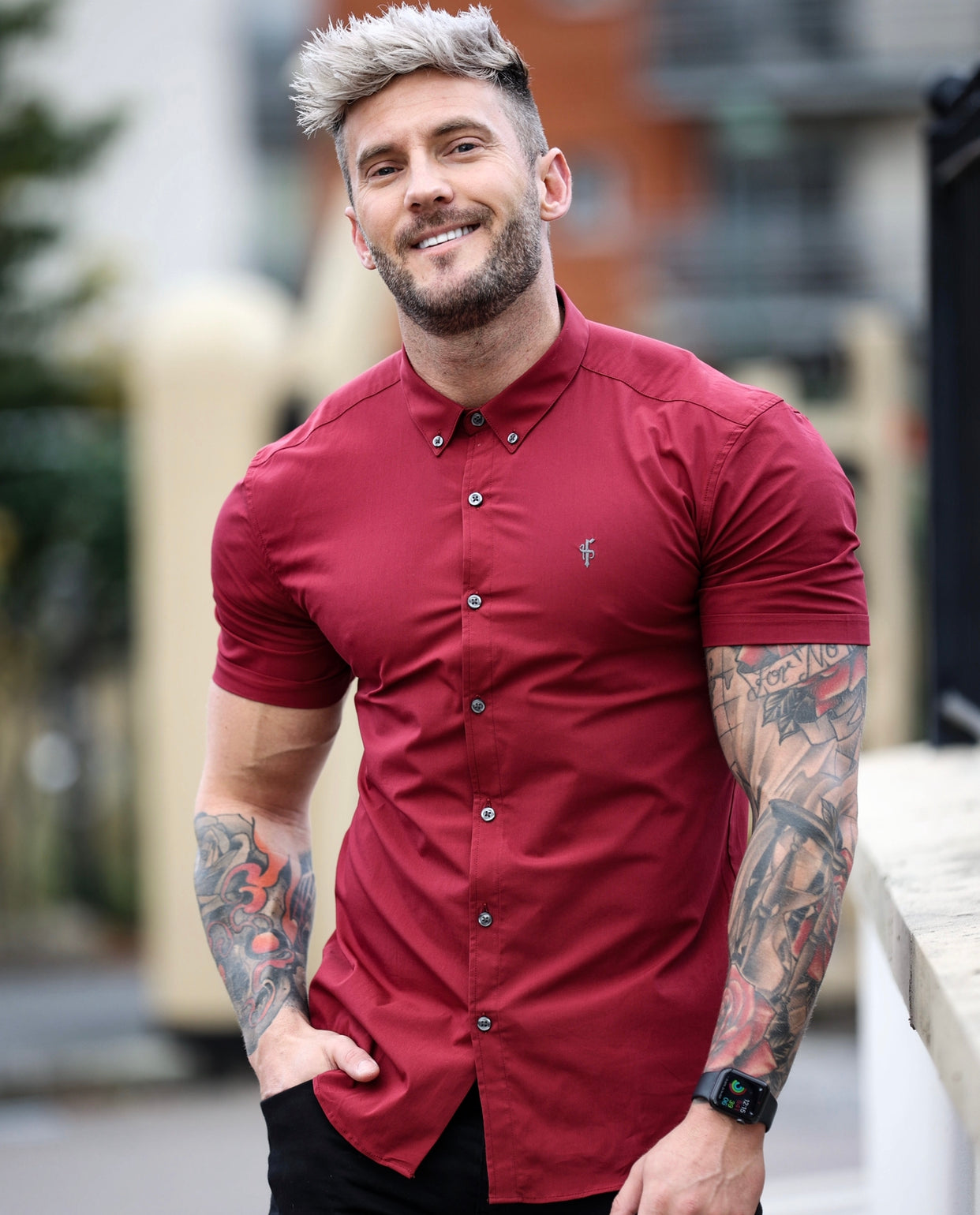 Super Slim Stretch Classic Ox Blood Short Sleeve With Button Down Collar -  FS820