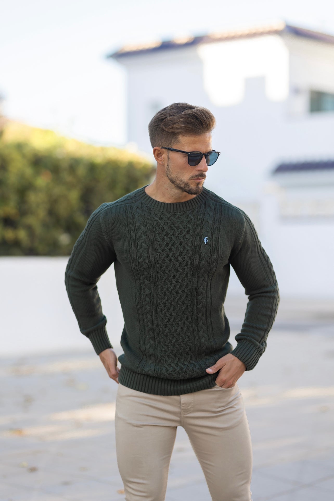 Khaki Knitted Cable Saddle Crew Super Slim Jumper With Metal Decal - FSN078