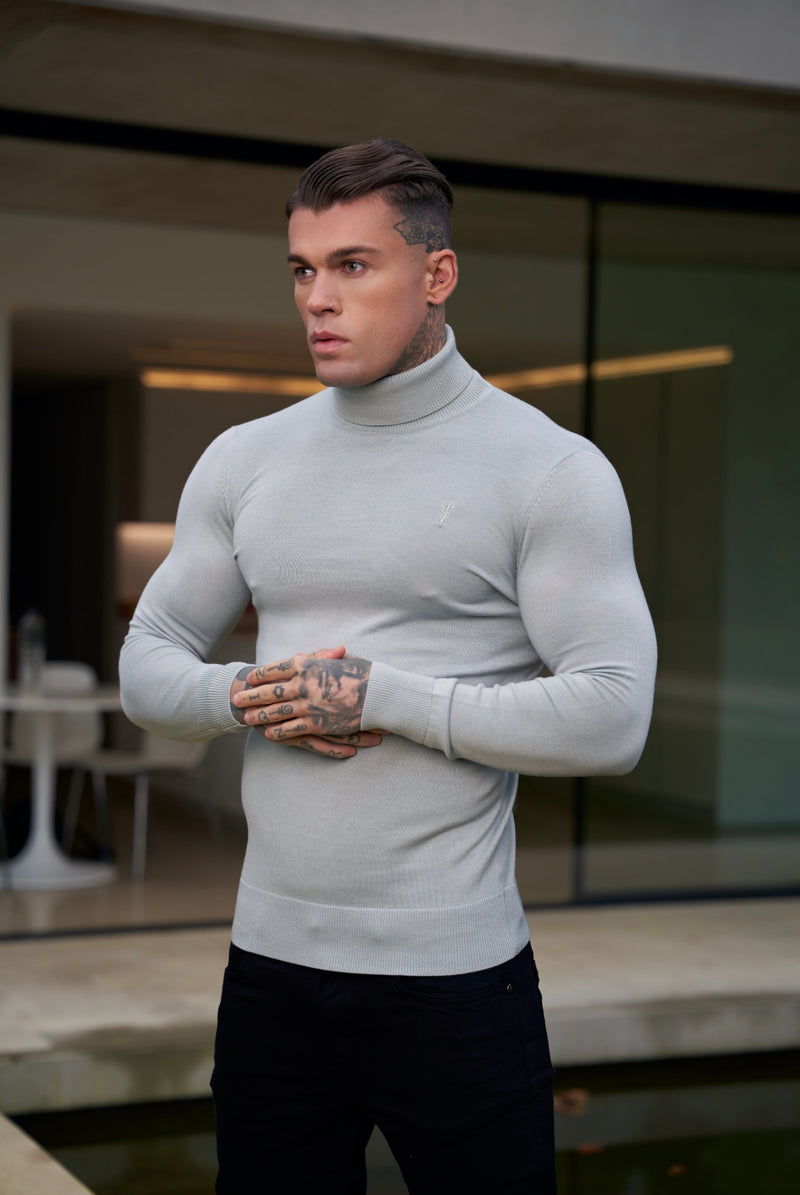 Father Sons Classic Grey Roll Neck Merino Wool Knitted Jumper With FS Embroidery - FSN013