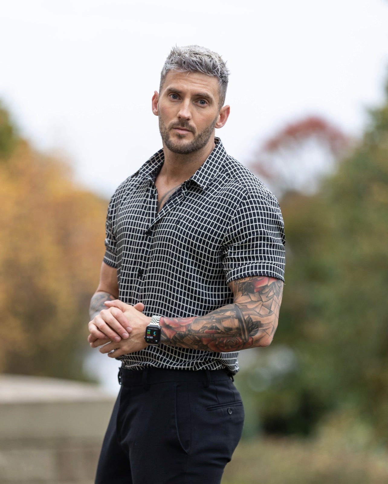 Classic Relaxed Black / White Medium Grid Check Short Sleeve - FS735