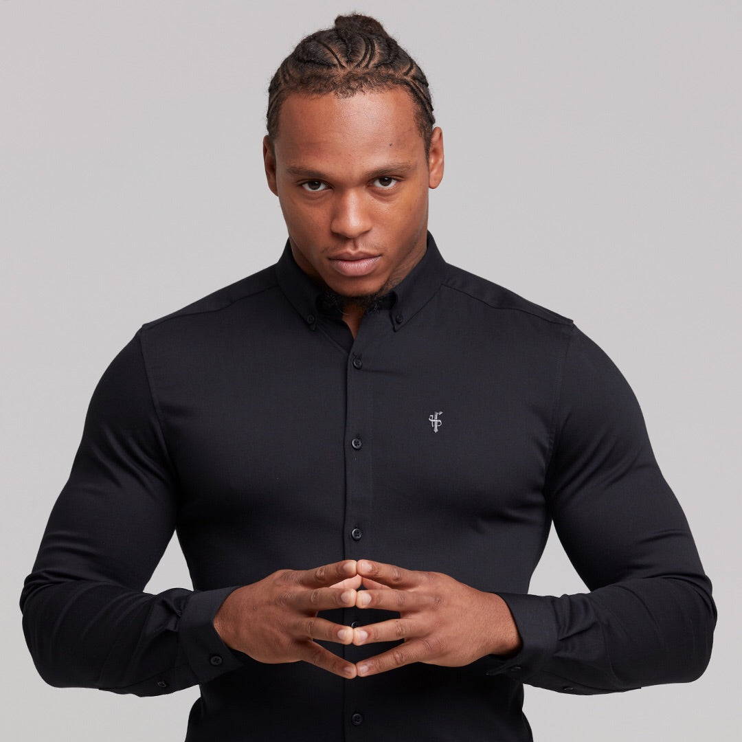 Super Slim Stretch Black Denim Long Sleeve (Silver Emblem) - FS295