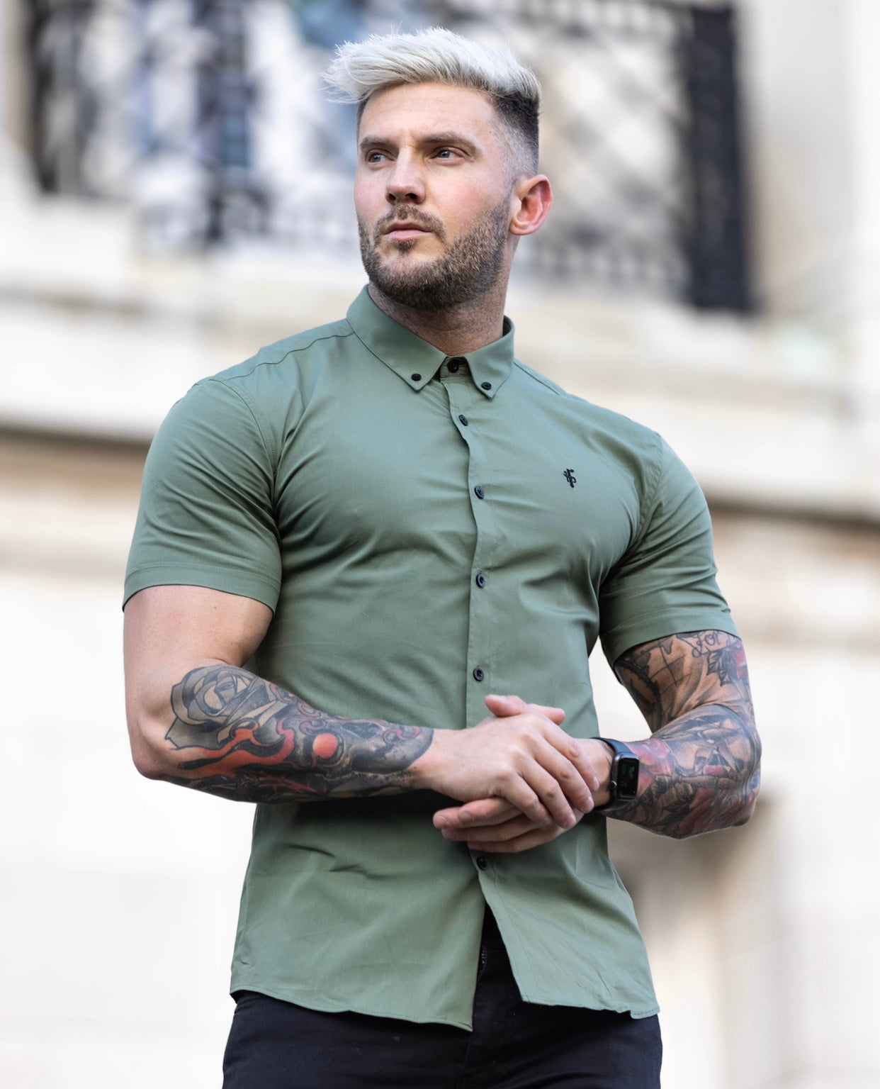 Super Slim Stretch Classic Khaki Short Sleeve With Button Down Collar -  FS818