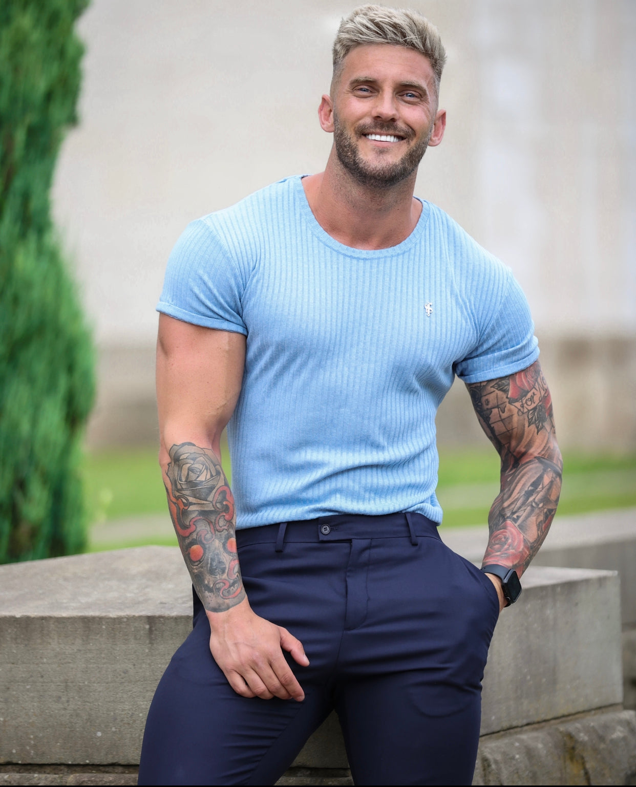 Classic Light Blue Rib Short Sleeve Crew T Shirt With Silver Decal - FSH635