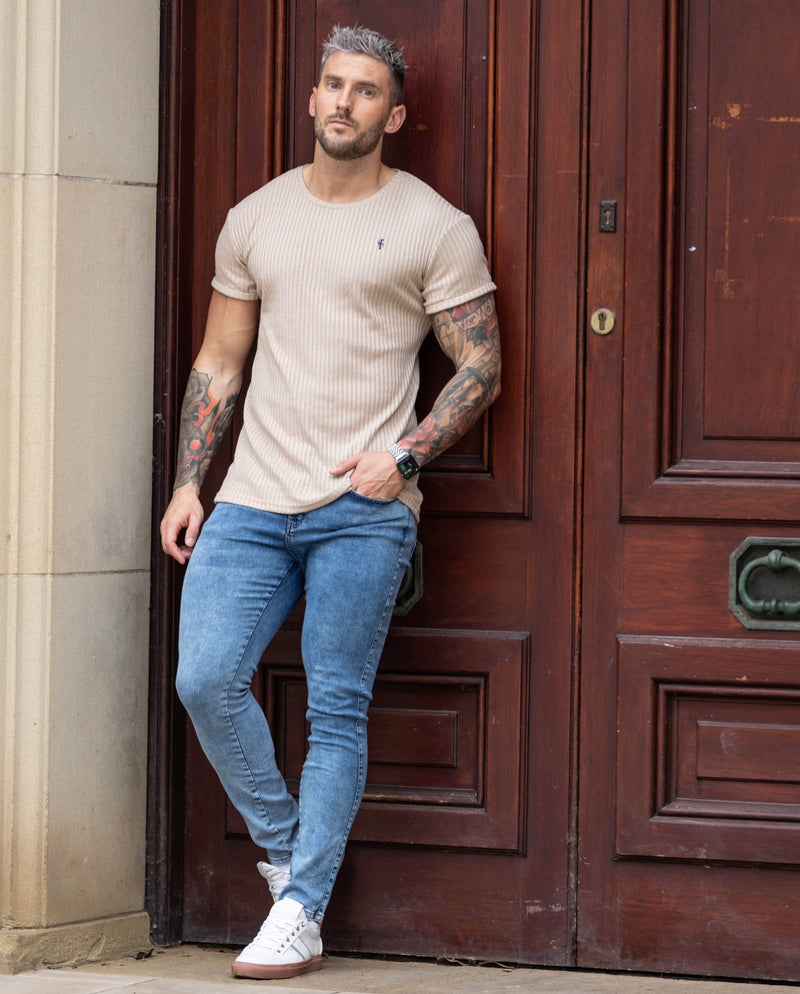 Father Sons Classic Beige / Navy Ribbed Knit Short Sleeve Super Slim Long Line Crew - FSH766