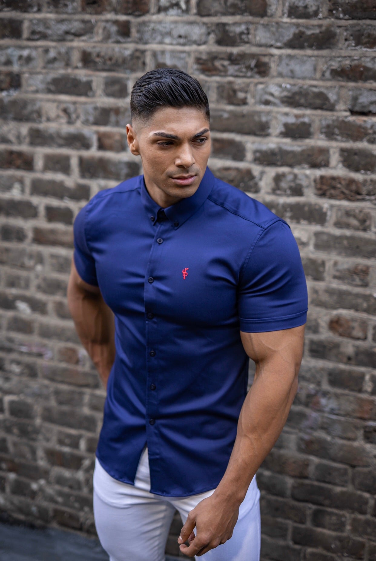 Super Slim Stretch Navy Denim Short Sleeve (Red Emblem) - FS199