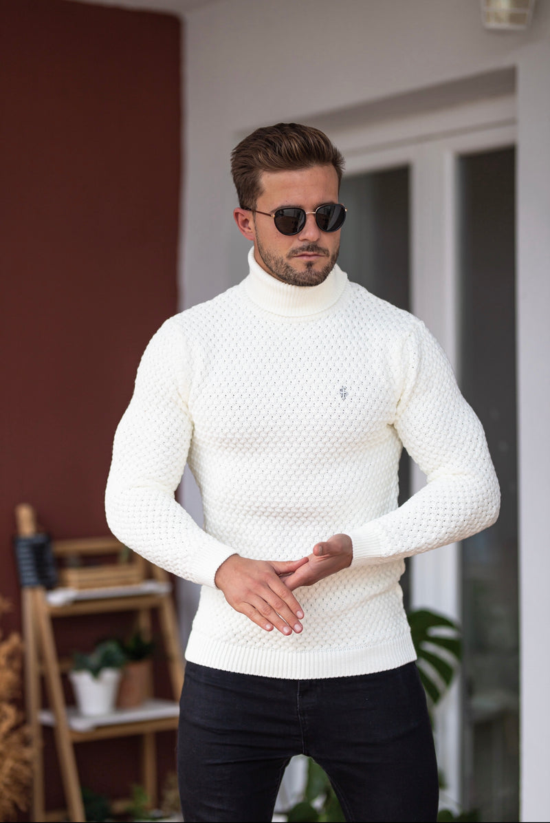 Father Sons Cream Knitted Roll Neck Weave Super Slim Jumper With Metal Decal - FSJ026