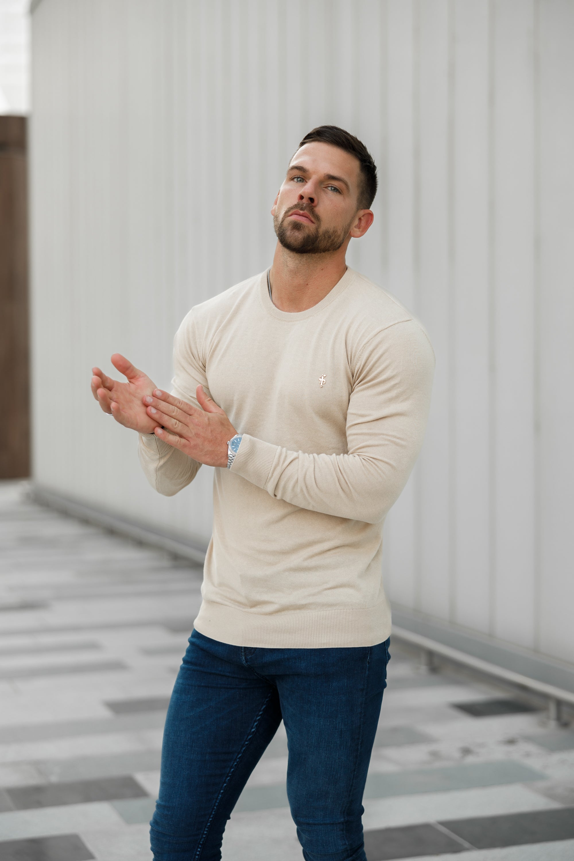 Classic Beige Light Weight Knitted Crew Neck with Gold Metal Decal - FSN093