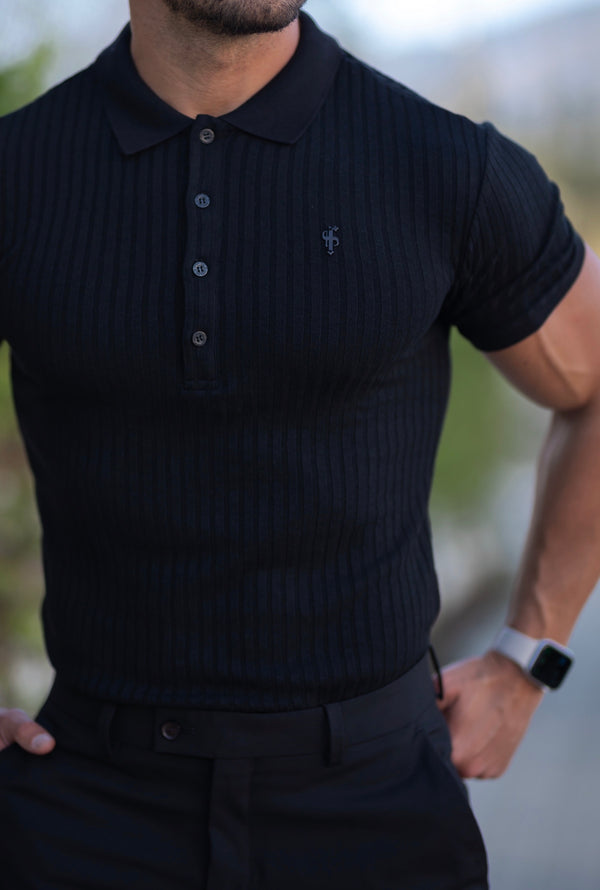 Father Sons Classic Black Ribbed Polo Shirt Short Sleeve - FSH551