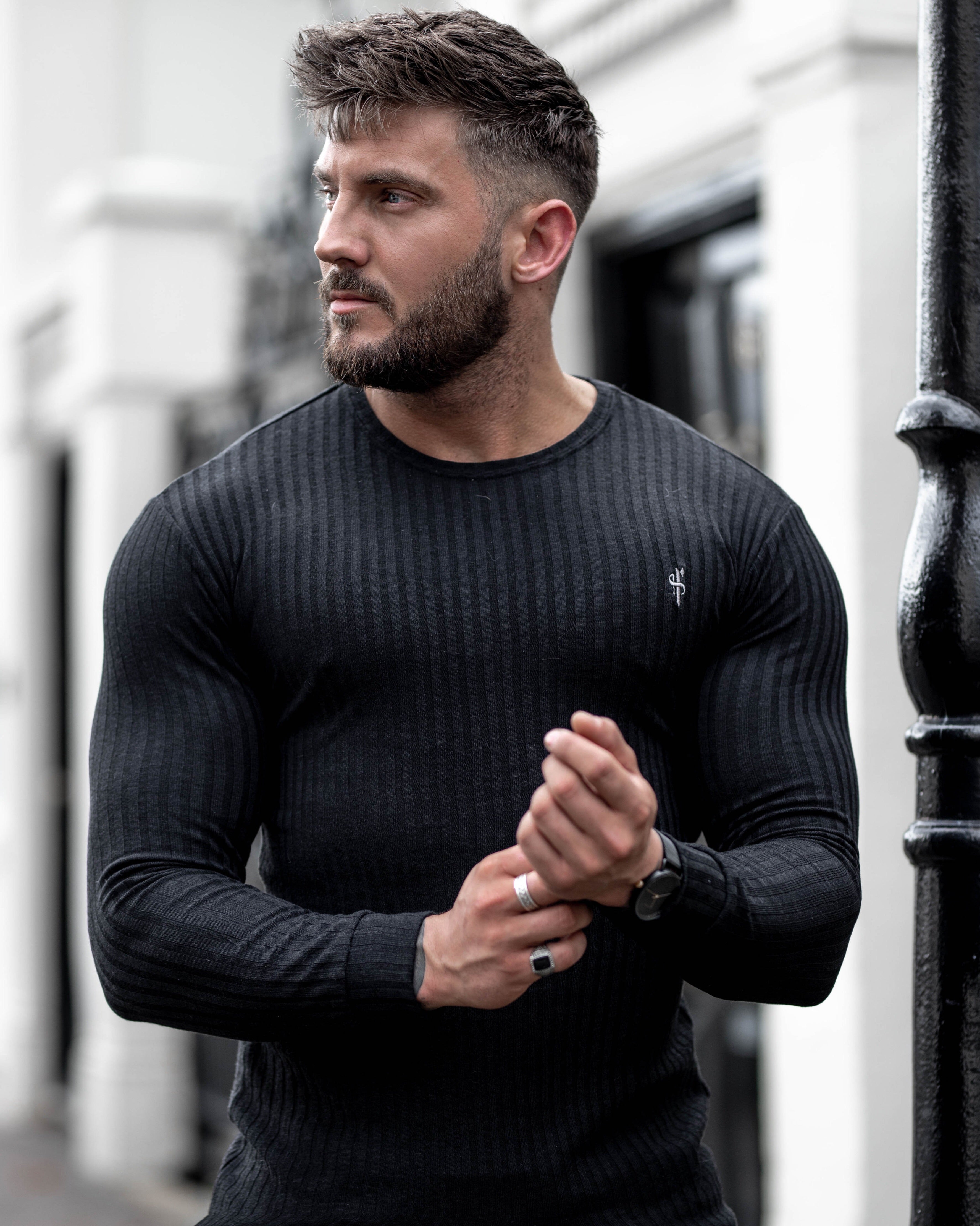 Classic Black Ribbed Knit Super Slim Crew - FSH162