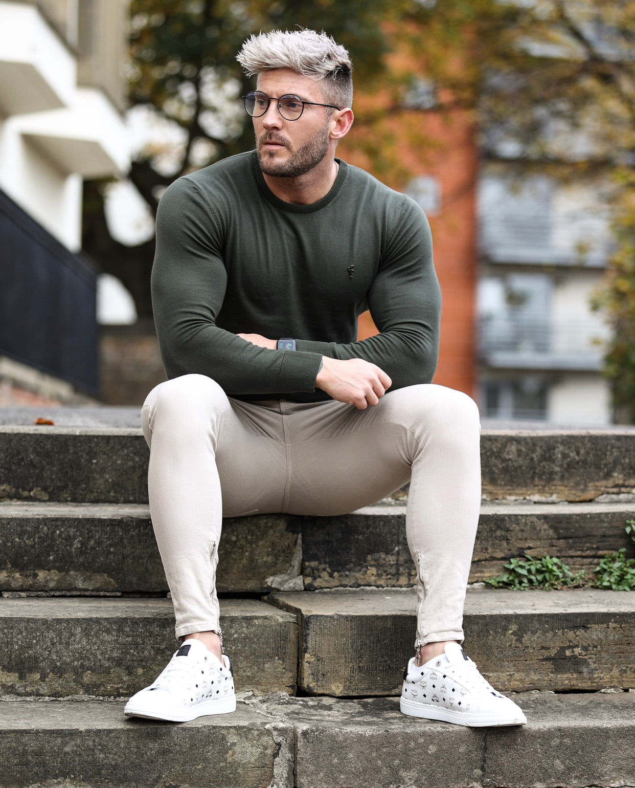 Classic Khaki Crew Neck Knitted Jumper with Gunmetal Emblem - FSH671