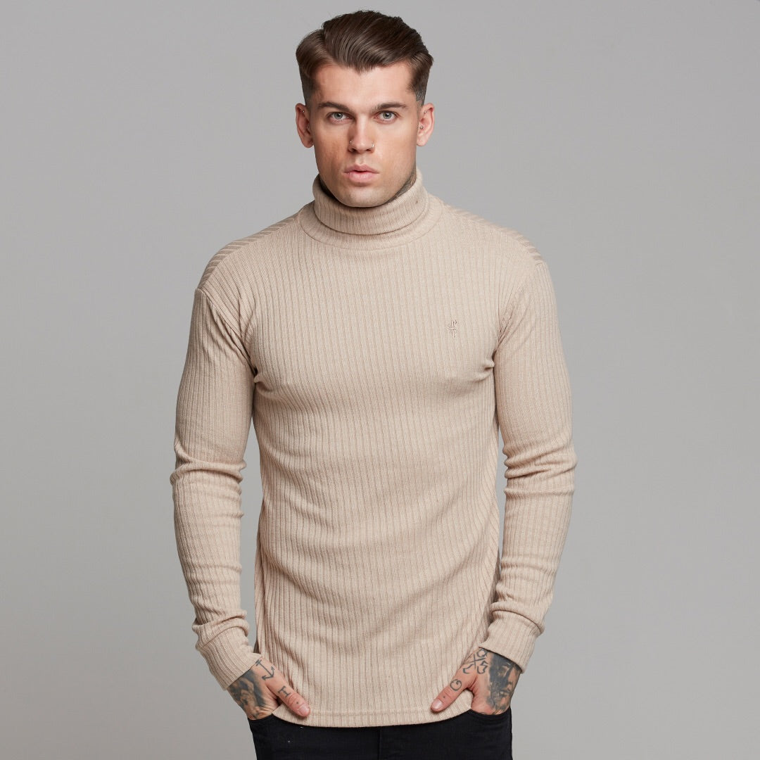 Classic Beige Ribbed Knit Roll-neck Jumper - FSH292