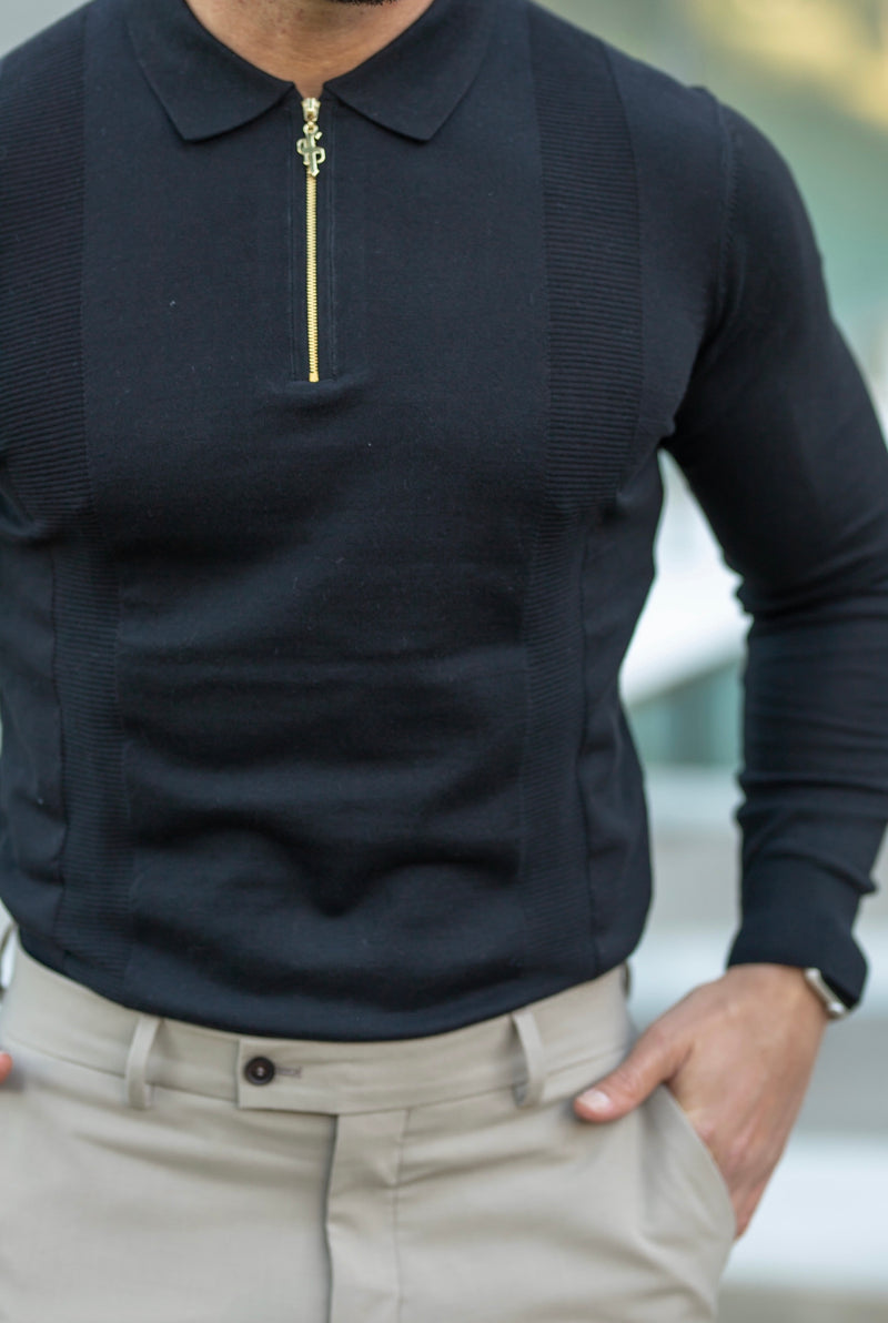 Father Sons Classic Black and Gold Zip Knitted Long Sleeve Polo Shirt - FSH564