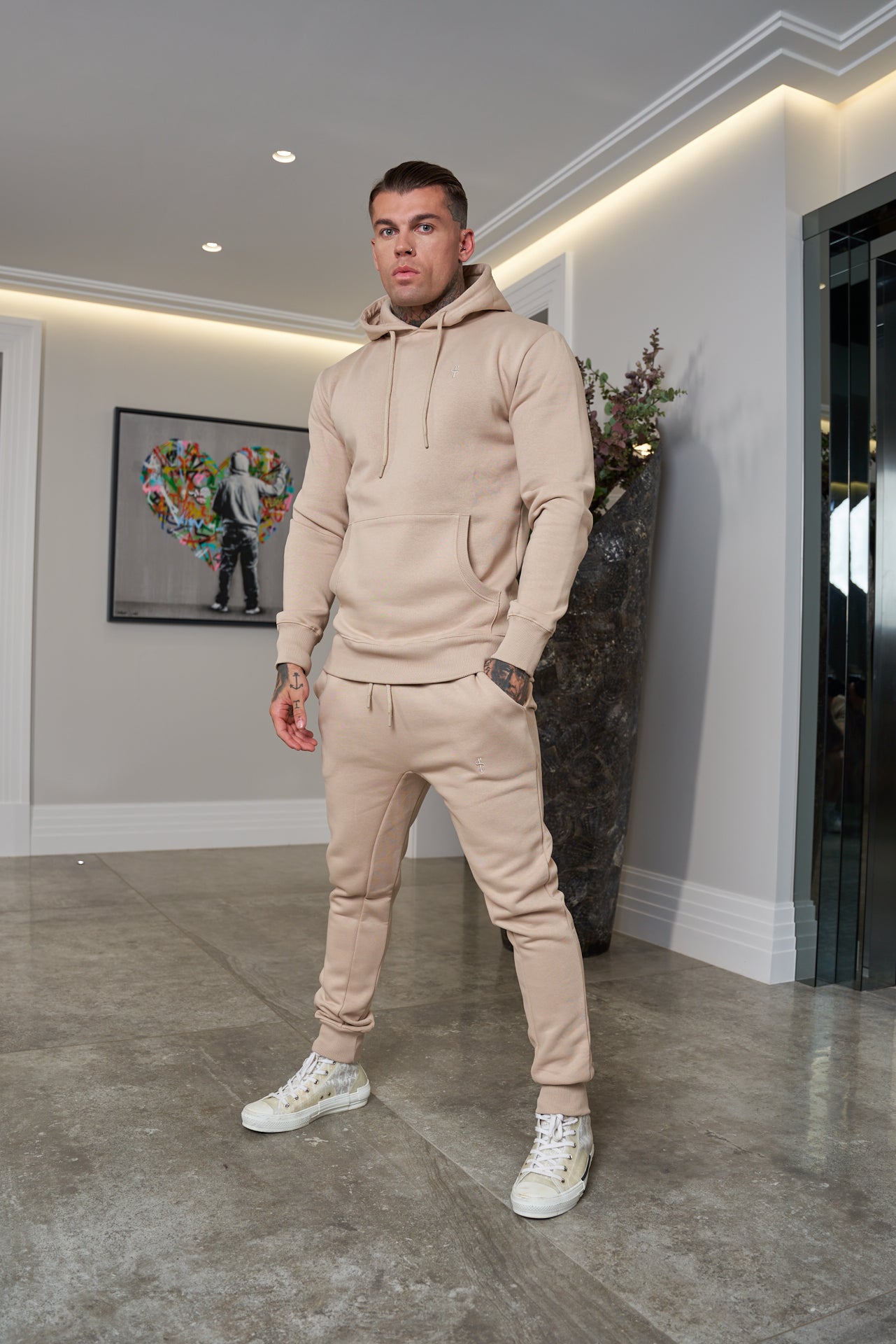 Beige Kangaroo Hoodie Top with FS Embroidery - FSH695