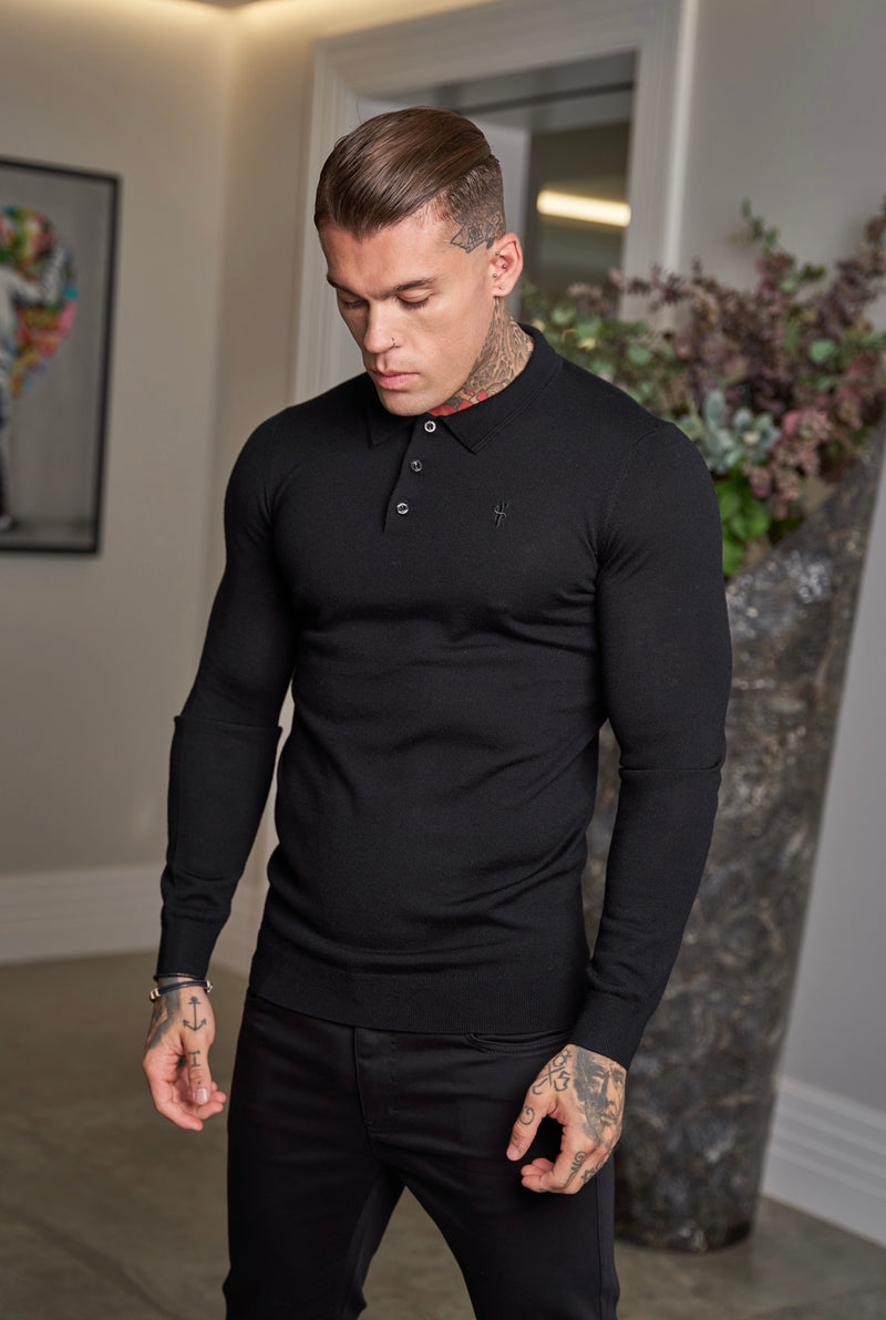 Father Sons Classic Black Merino Wool Knitted Polo Jumper Long Sleeve With FS Embroidery- FSN014