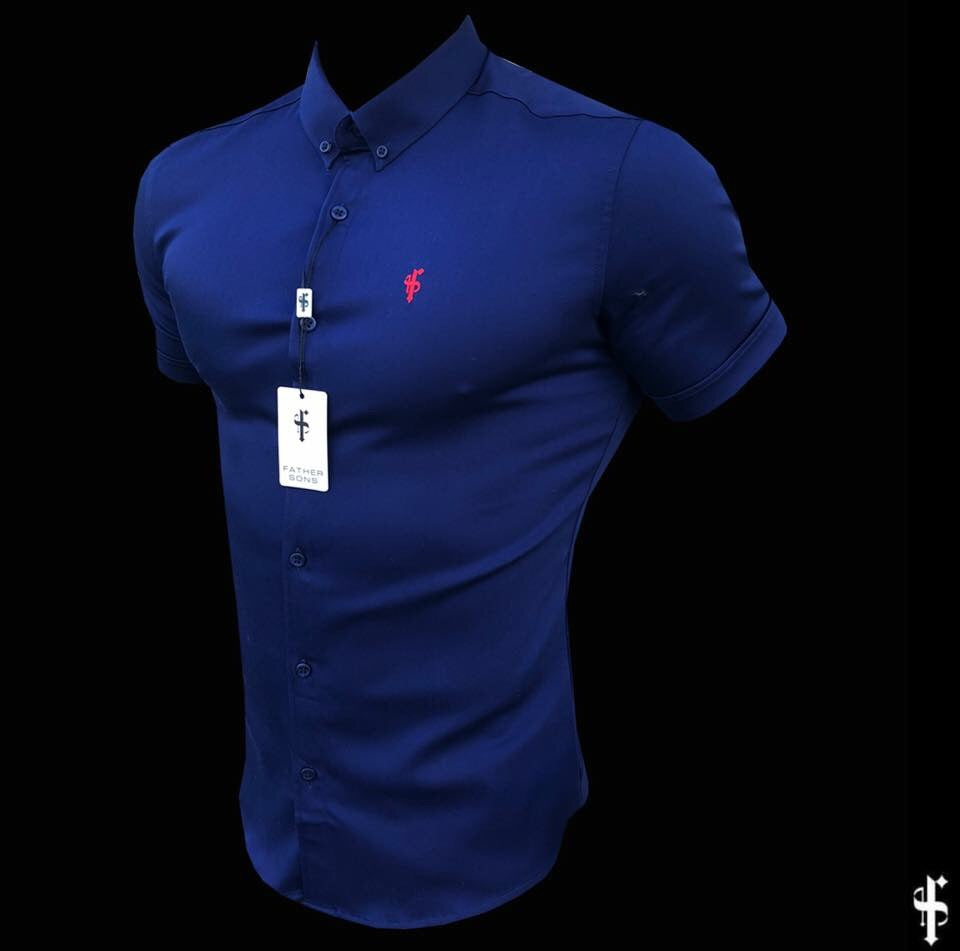 Super Slim Stretch Navy Denim Short Sleeve (Red Emblem) - FS199