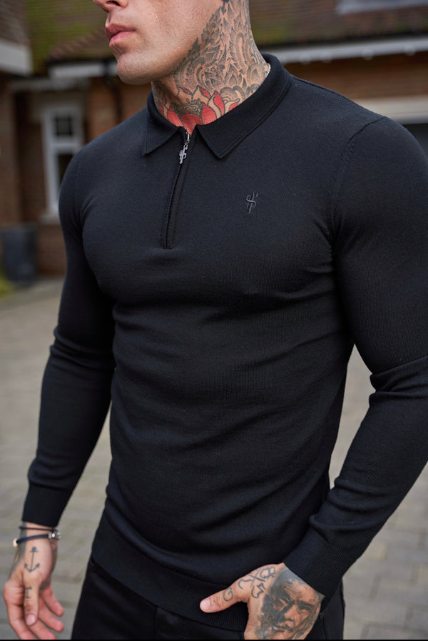 Father Sons Classic Black Merino Wool Knitted Zip Polo Long Sleeve Jumper With FS Embroidery- FSN010