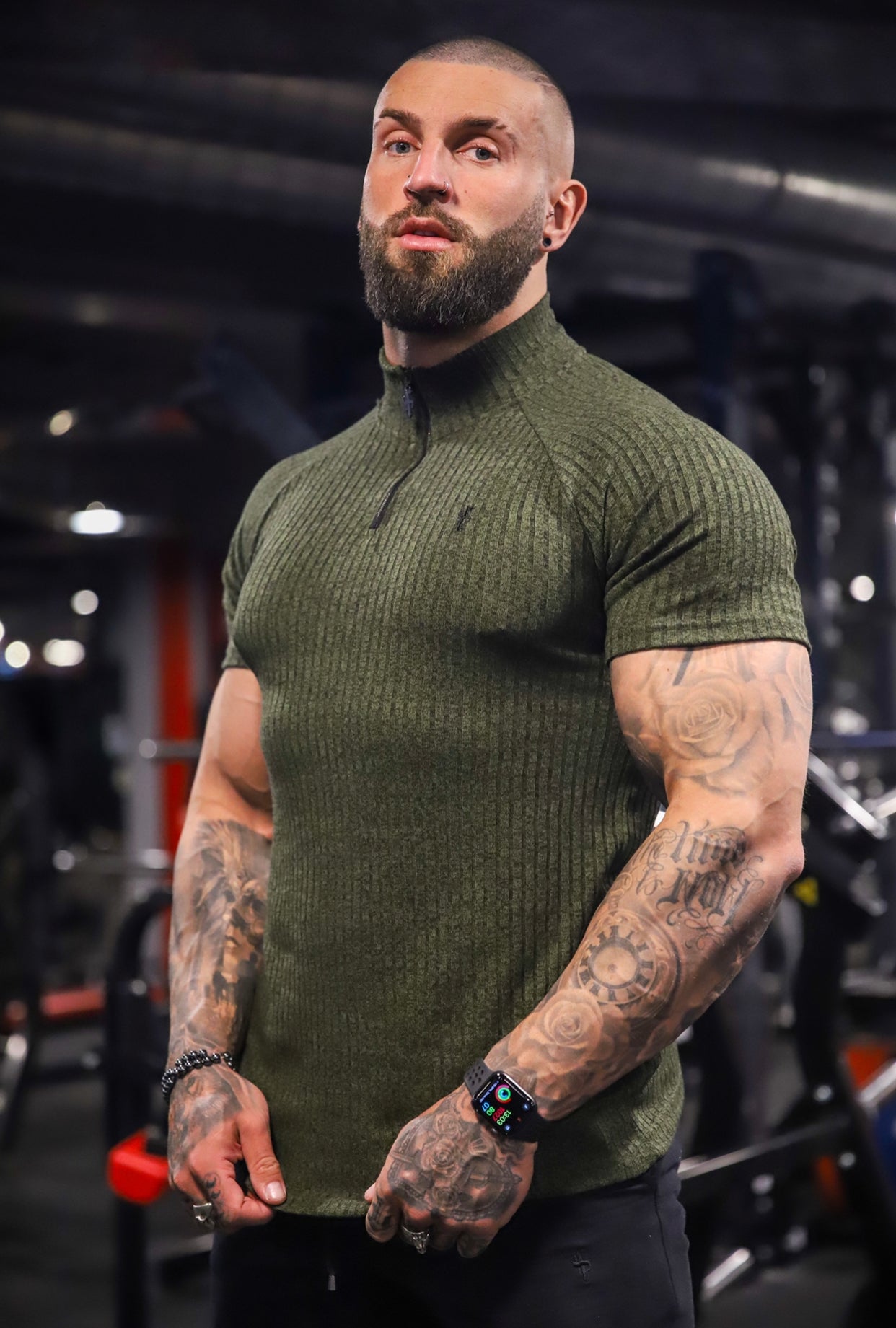 Classic Khaki Ribbed Zip Funnel Neck Raglan Short Sleeve Crew - FSH731
